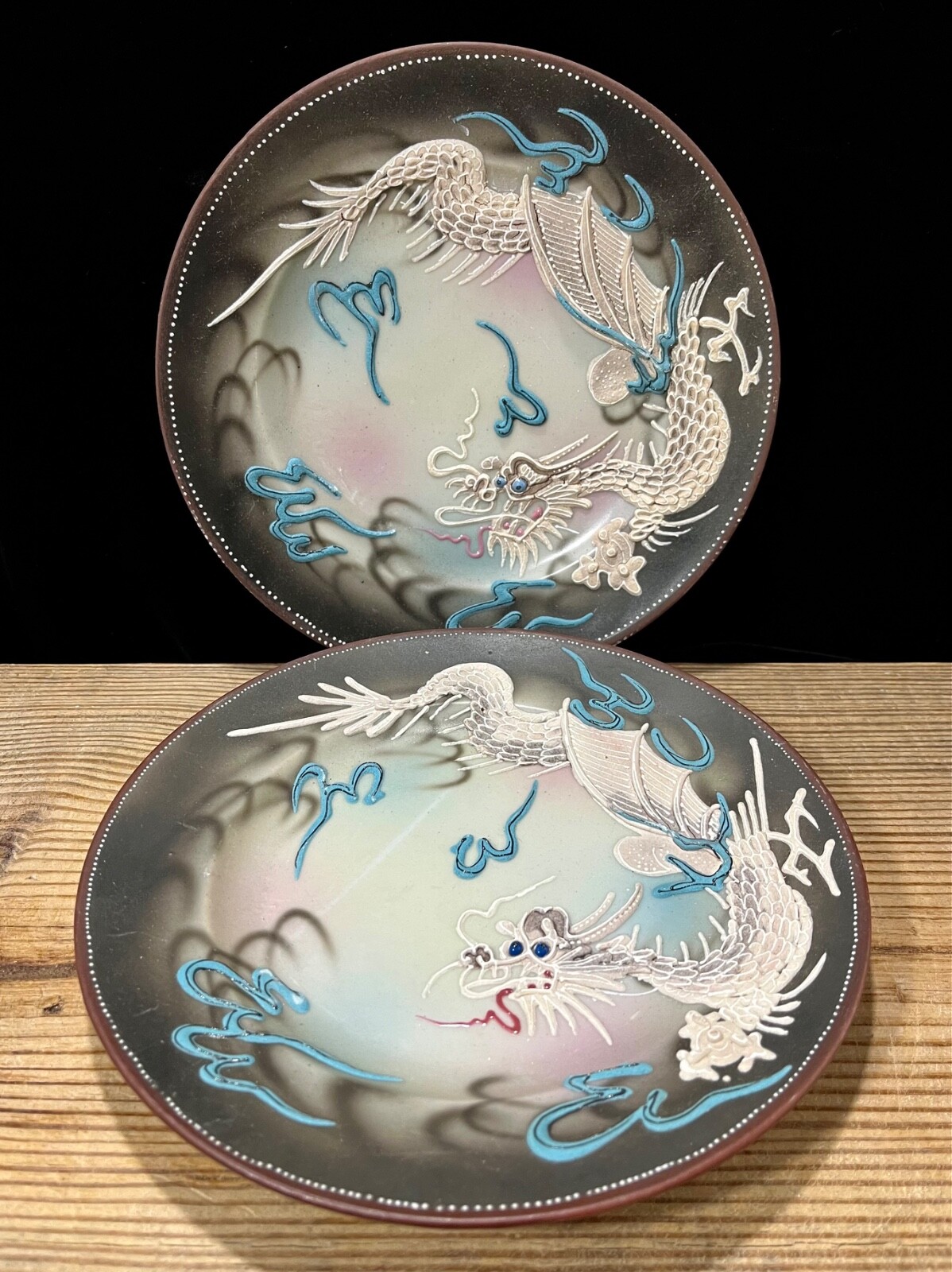 Two Vintage/Antique Dragonware 7 1/4” Plates Hand painted Blue stone eyes