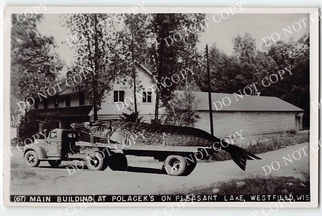 RPPC Truck Fish Exaggeration PLEASANT LAKE Westfield, WI Polacek\'s 1951 Postcard