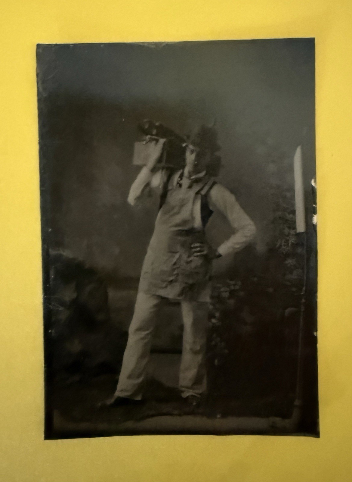 Tintype of a Jaunty Carpenter with Tool Box 3 1/2” by 2 1/2”