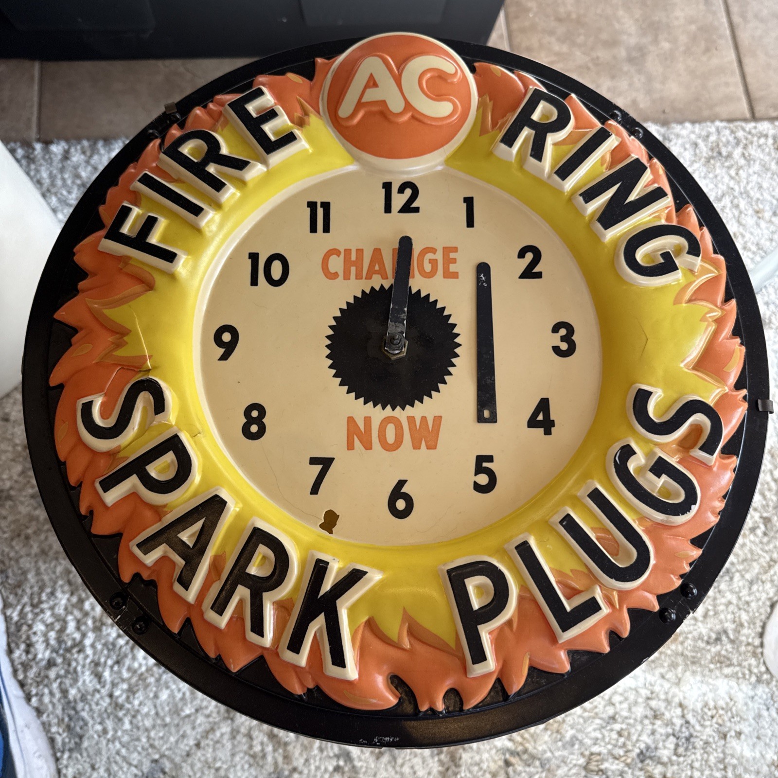 Vintage 60’s AC Fire Ring Spark Plugs Advertising Lighted Vacuform Plastic Clock
