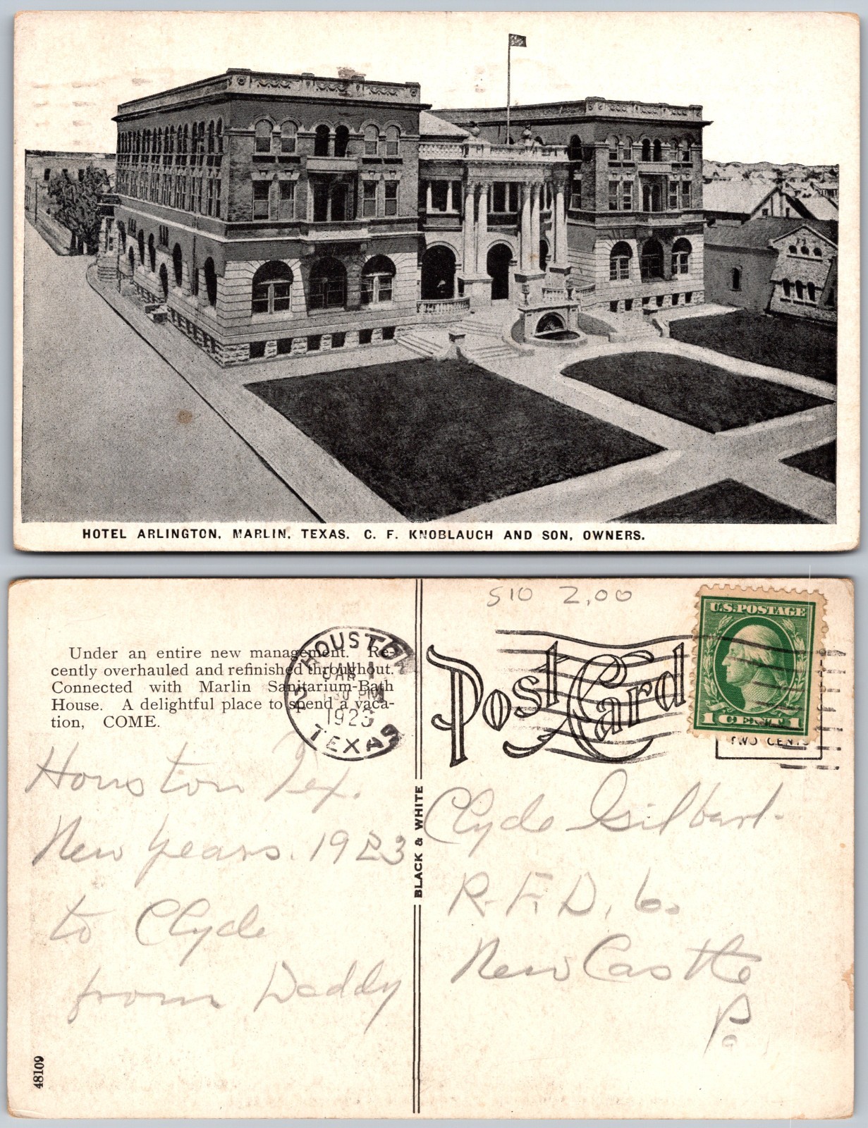 Hotel Arlington Marlin Texas Postcard