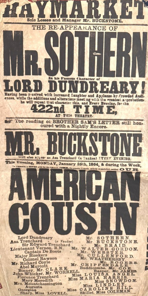 *RARE 1864 CIVIL WAR THEATRE BROADSIDE OUR AMERICAN COUSIN LINCOLN ASSASSINATION