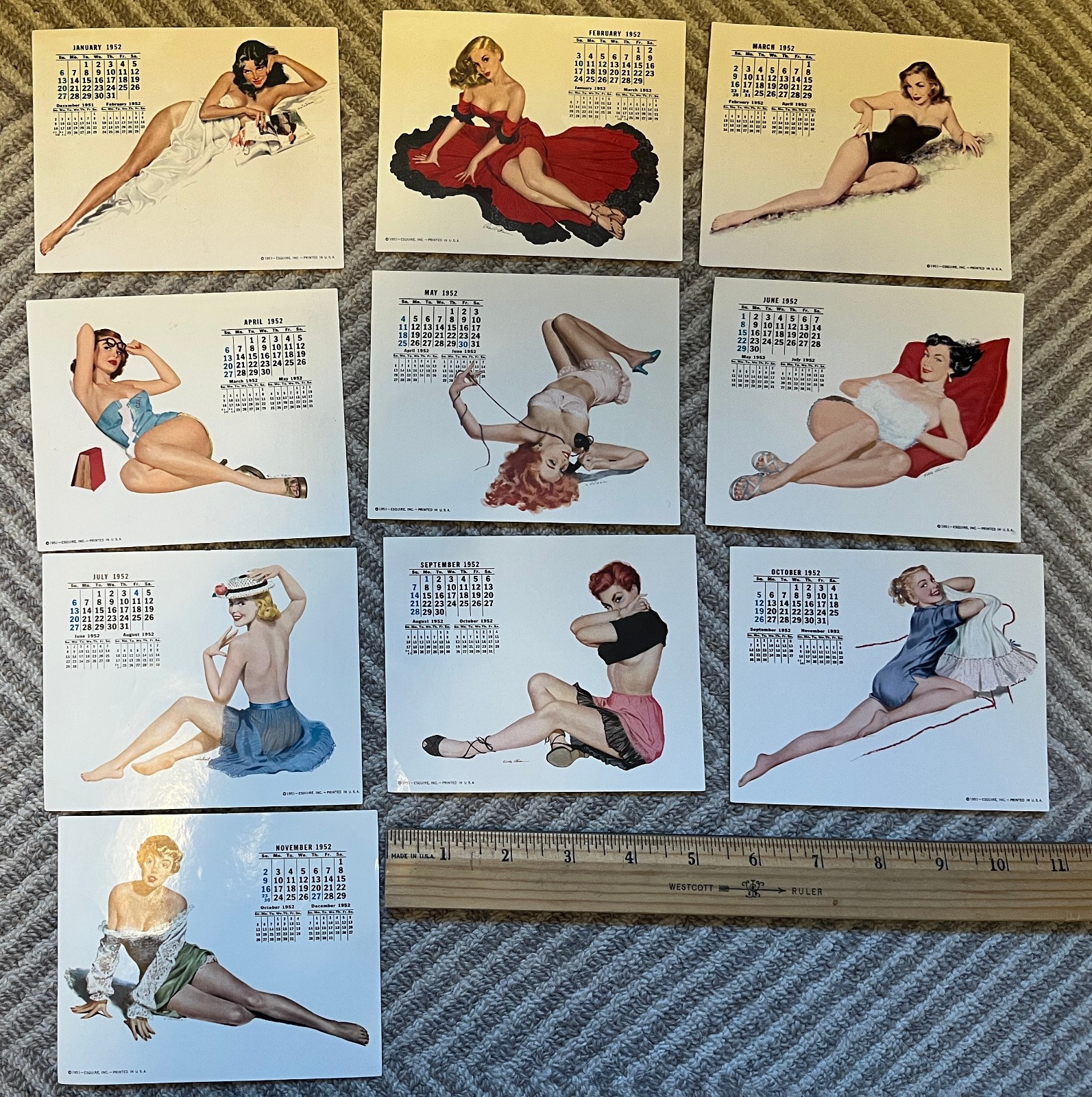 1952 ESQUIRE Magazine PIN-UP GIRLS CALENDAR - 10 Month pages (missing Aug & Dec)
