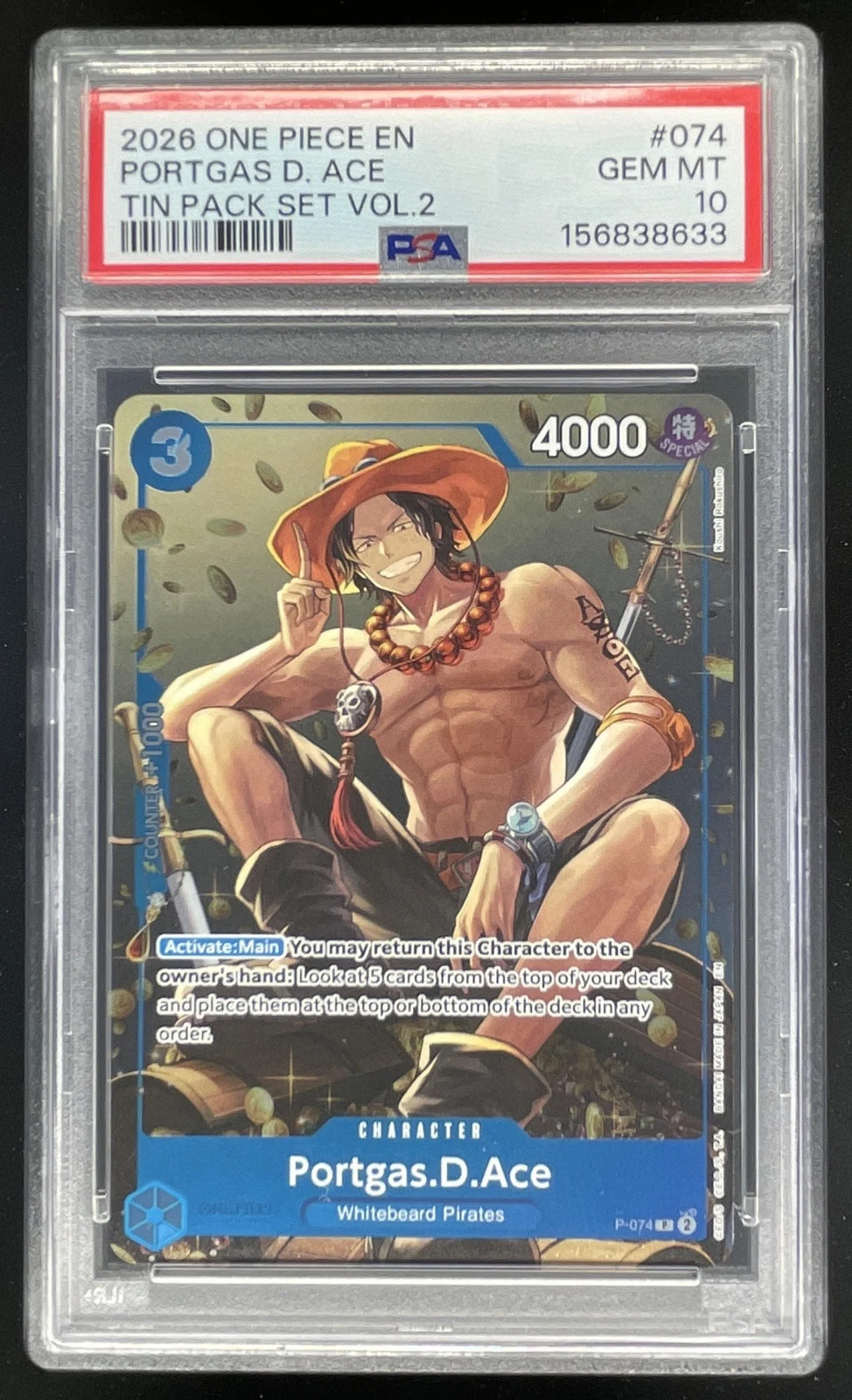 2026 One Piece Tin Pack Set Vol. 2 #074 Portgas D. Ace PSA 10