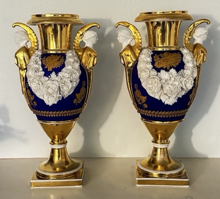 Antique French Old Paris Urns Pair 12