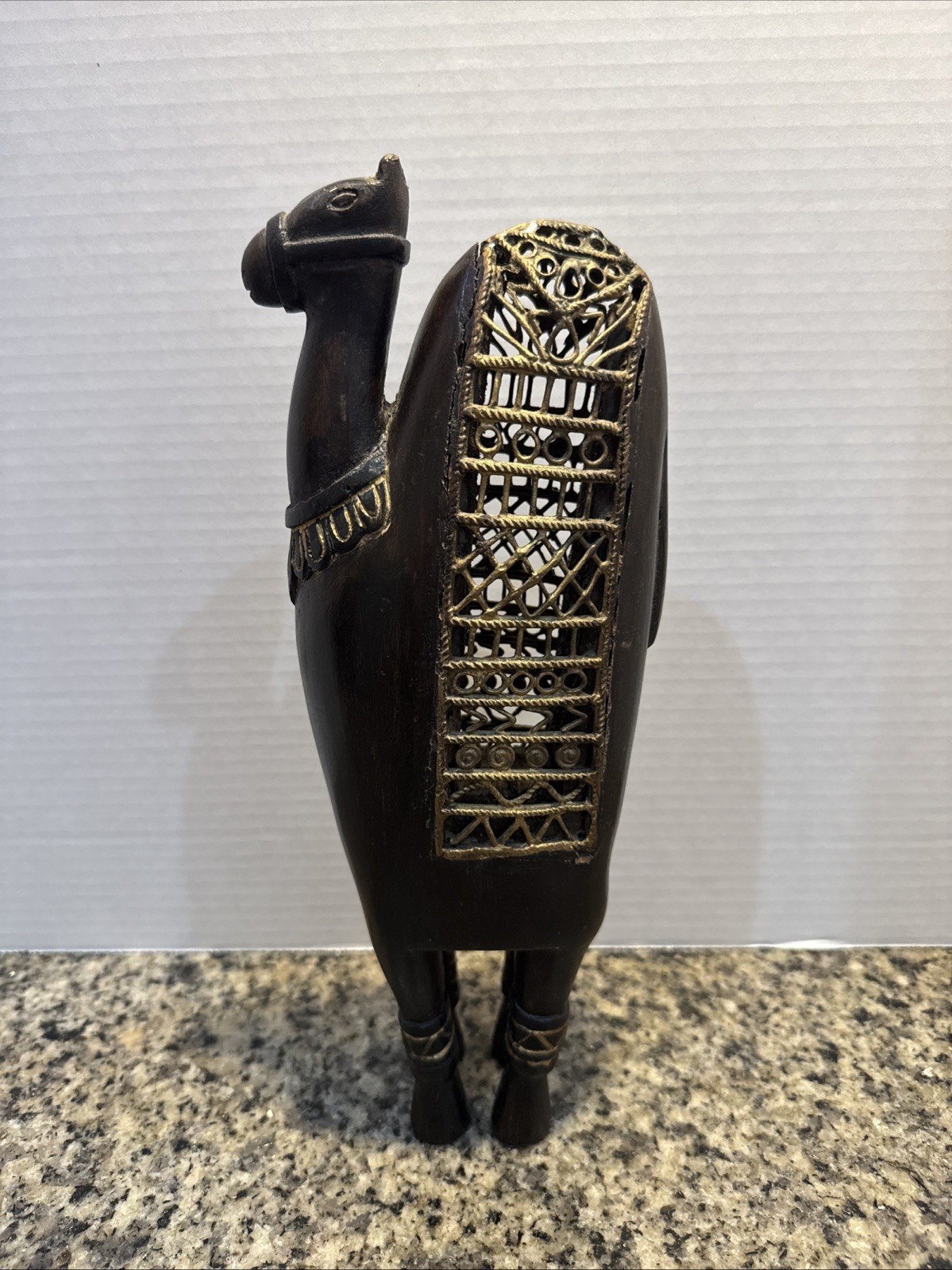 Vintage Handcrafted Wood Camel With Embossed Metal Body Plate 12” Tall