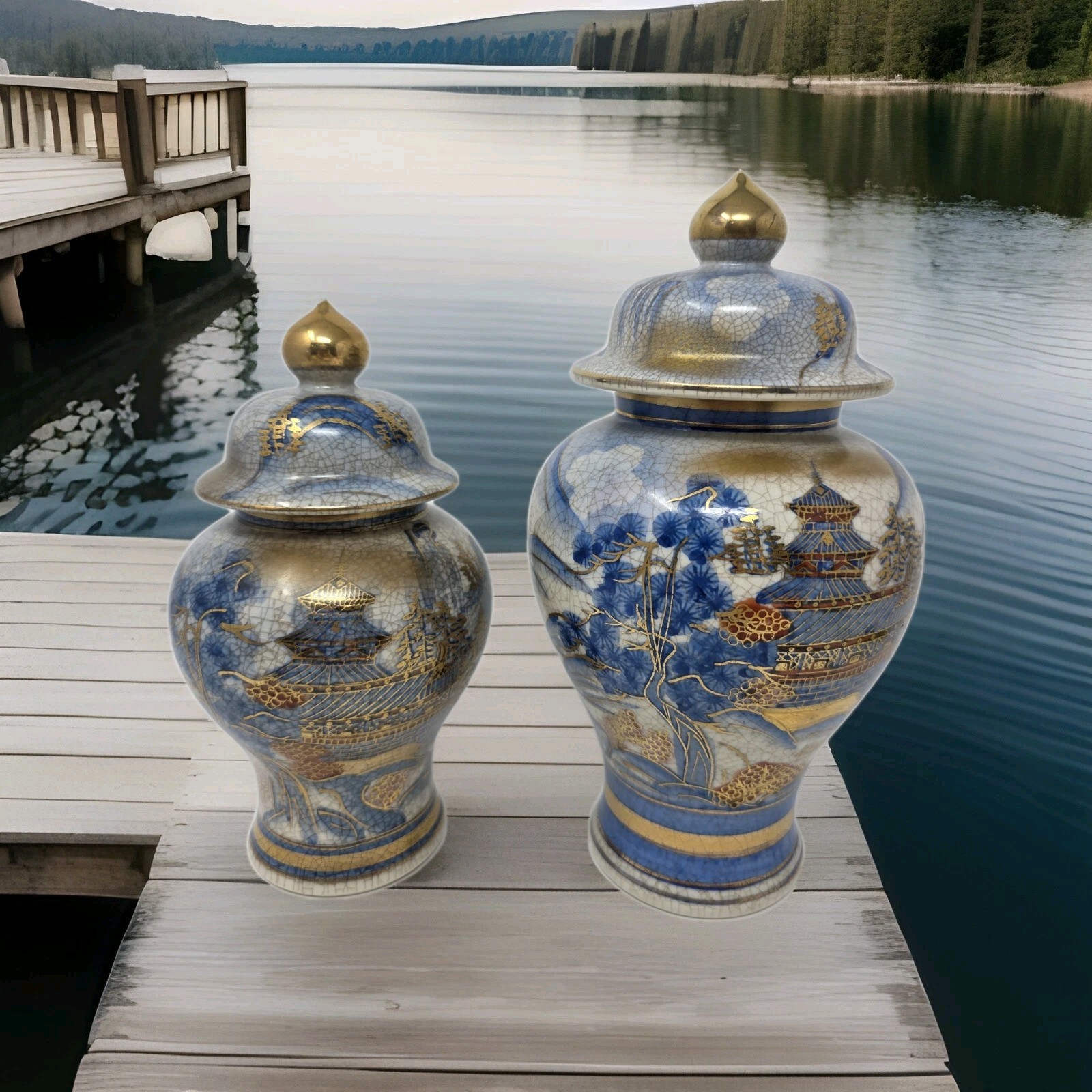 Toyo Japan Satsuma Ginger Jars Blue & Gold Crackle Glaze with Scenic Landscape