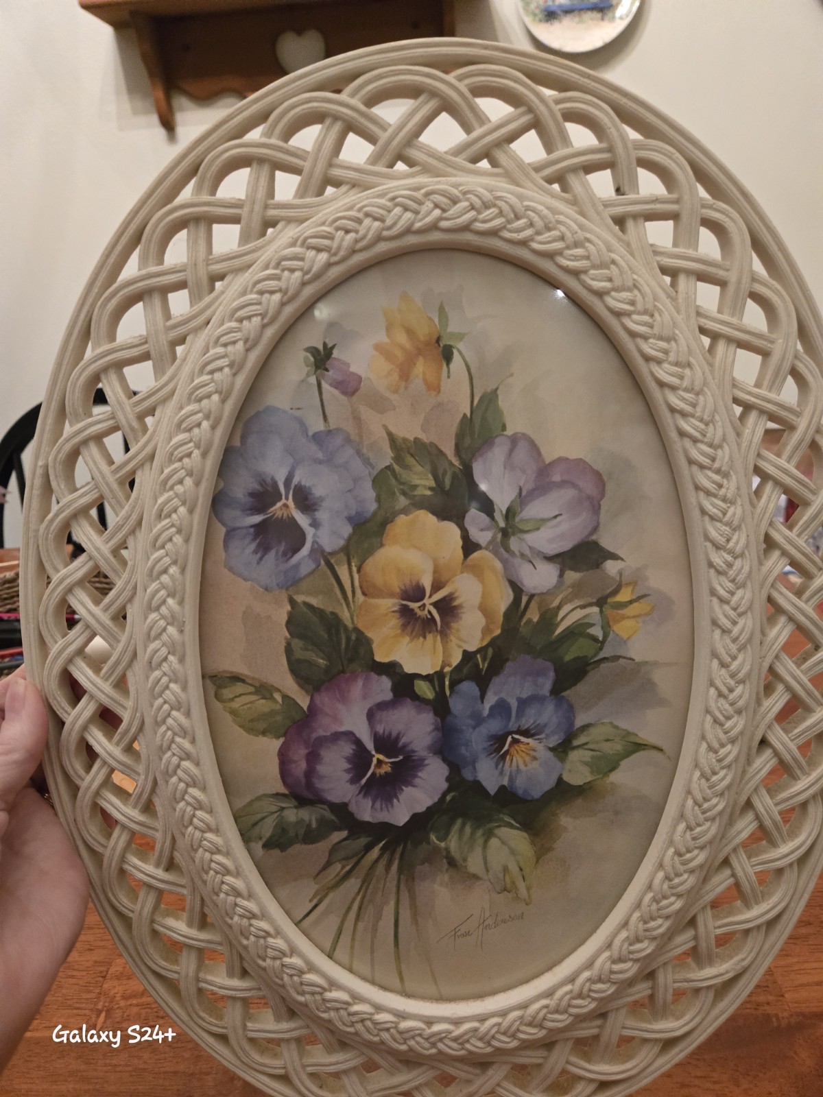VTG. Homco Cream Oval Faux Rattan Pansy Watercolor Signed Fran Anderson Wall Art