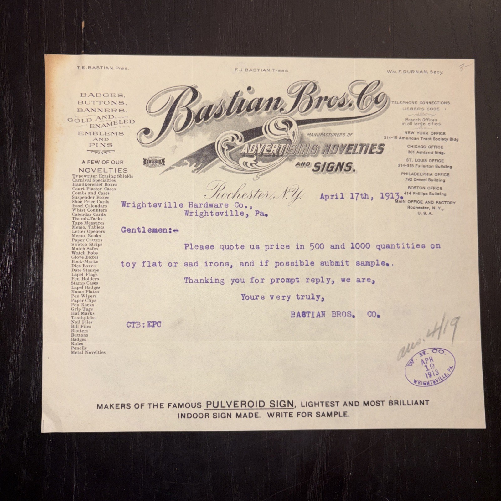 Bastian Bros Co. Advertising Novelties (Apr 17, 1913) Wrightsville, PA Invoice 