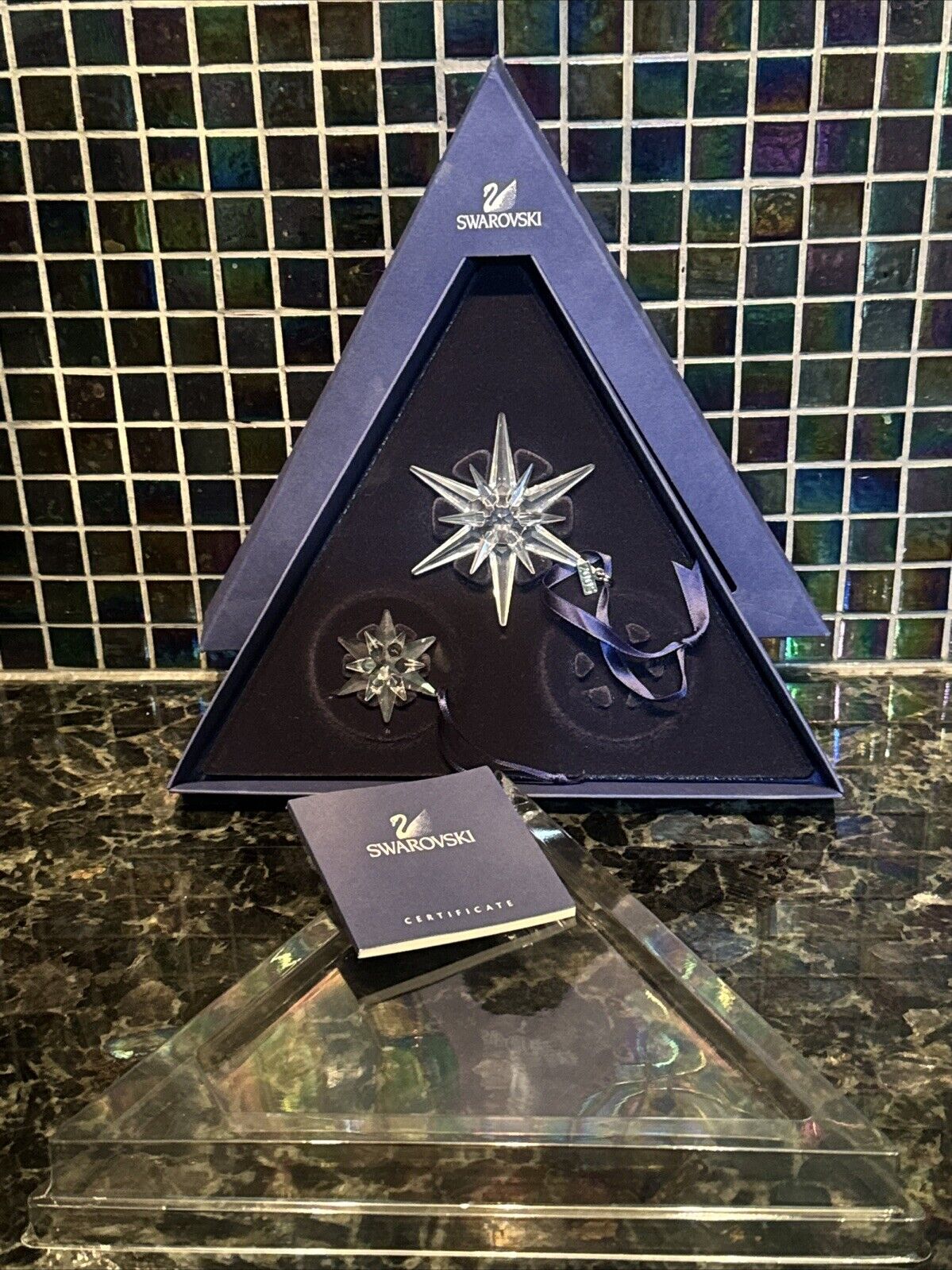 Swarovski 2005 Set of 3 Annual Star Christmas Ornament Set In Orig Box 1 MISSING