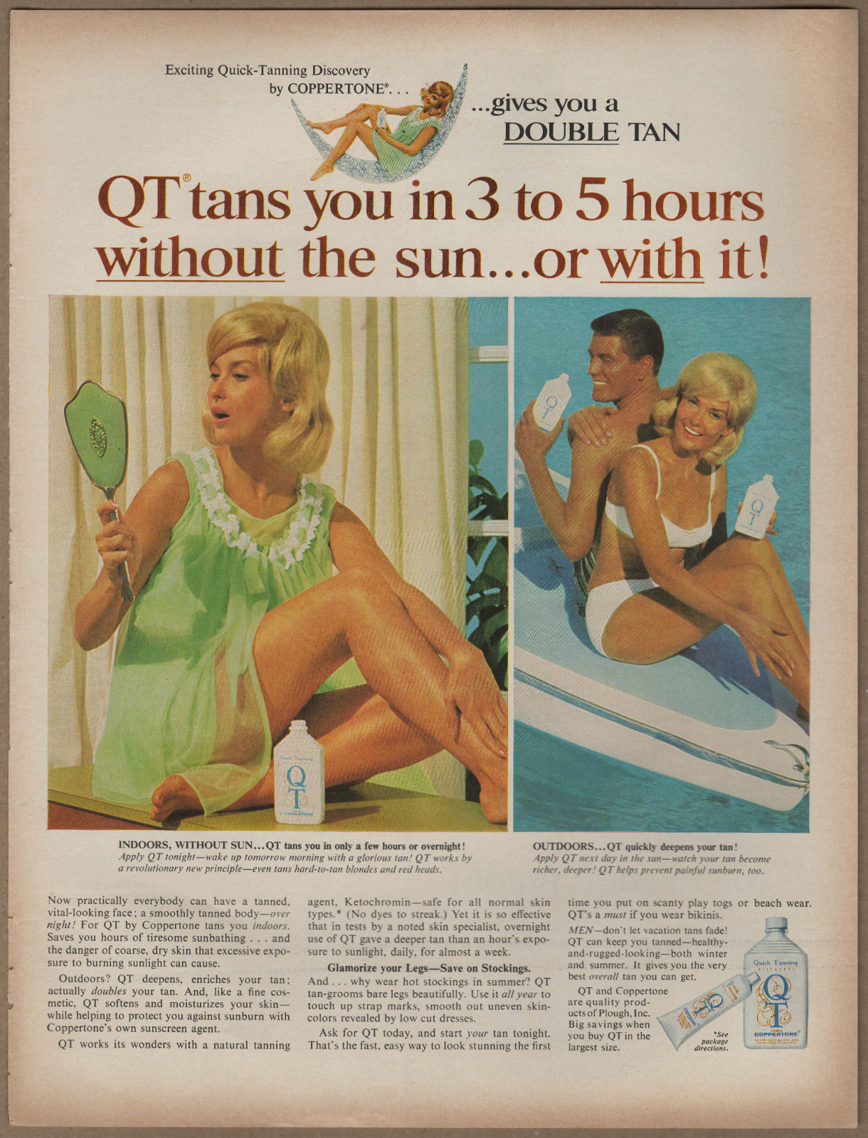 1967 Coppertone QT Tans Vintage Print Ad Quick Suntan Lotion Discovery