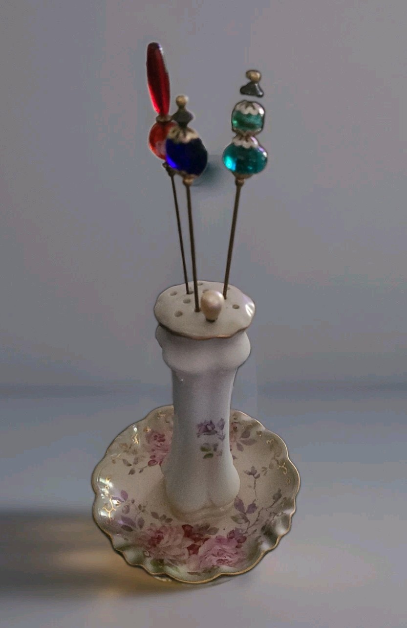 VictorianAntique R&S Germany Porcelain Hat Pin Holder with 4 hat pins. C. 1910\'s VictorianAntique R&S Germany Porcelain Hat Pin Holder with 4 hat pins. C. 1910\'s