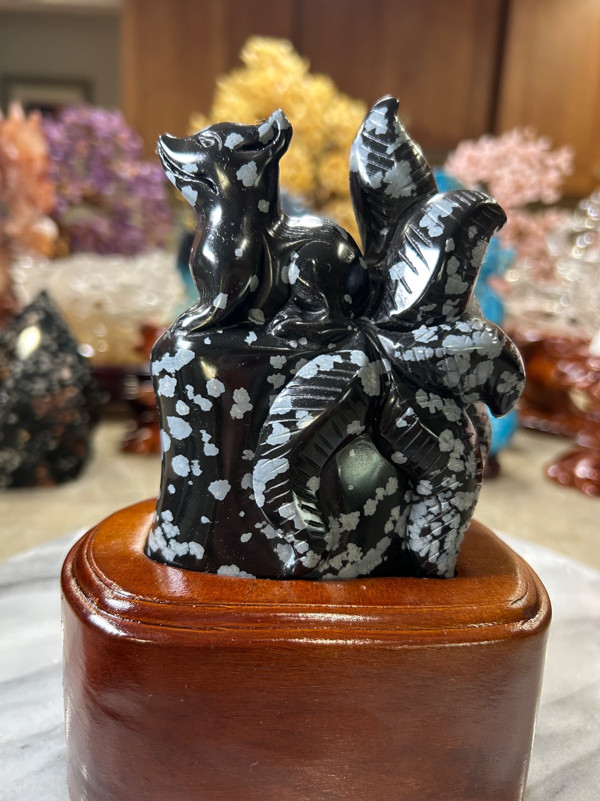 9 nine tail Fox snowflake obsidian hand carved with custom wood stand