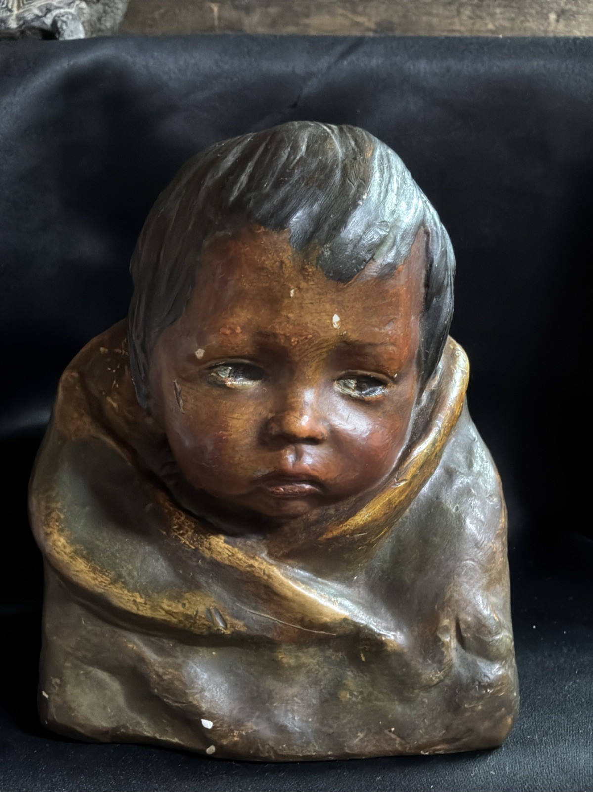 Antique 1920’s Esther Hunt Pomo Chalkware Child Wrapped In Blanket Bust