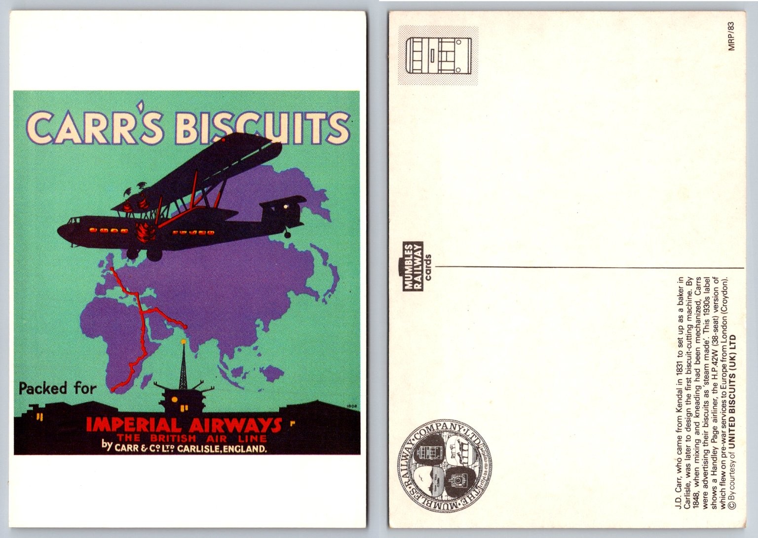 Vintage Imperial Airways Carr\'s Biscuits Handley Page H.P.42W Postcard