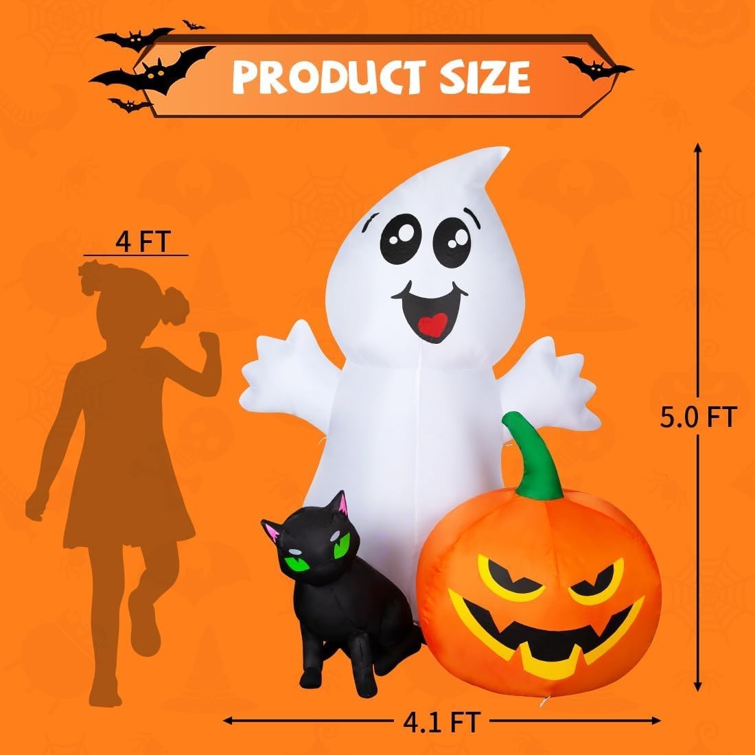Halloween Inflatable 5FT Ghost with Black Cat and Pumpkin, Built-In Leds Blow up