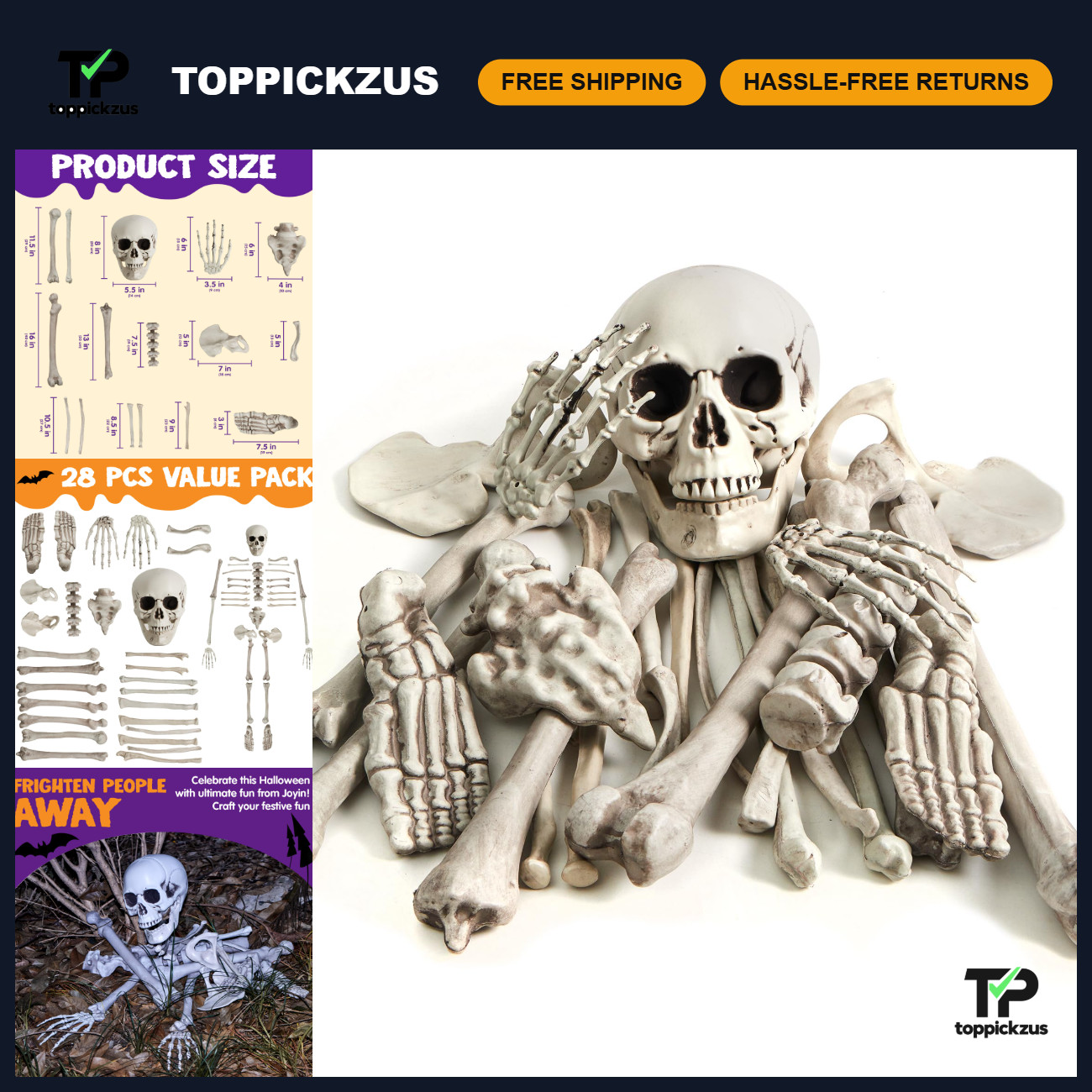 28 PCS Halloween Skeleton Bones & Skull Kit - Spooky Indoor/Outdoor Decor, Grave