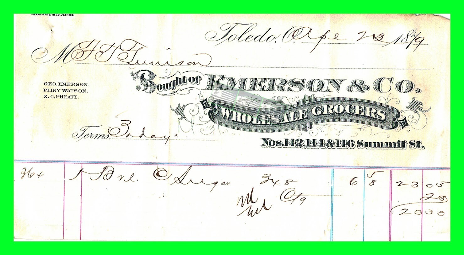 1879 Toledo, OH Emerson & Co. Wholesale Grocers Letter Head Bill