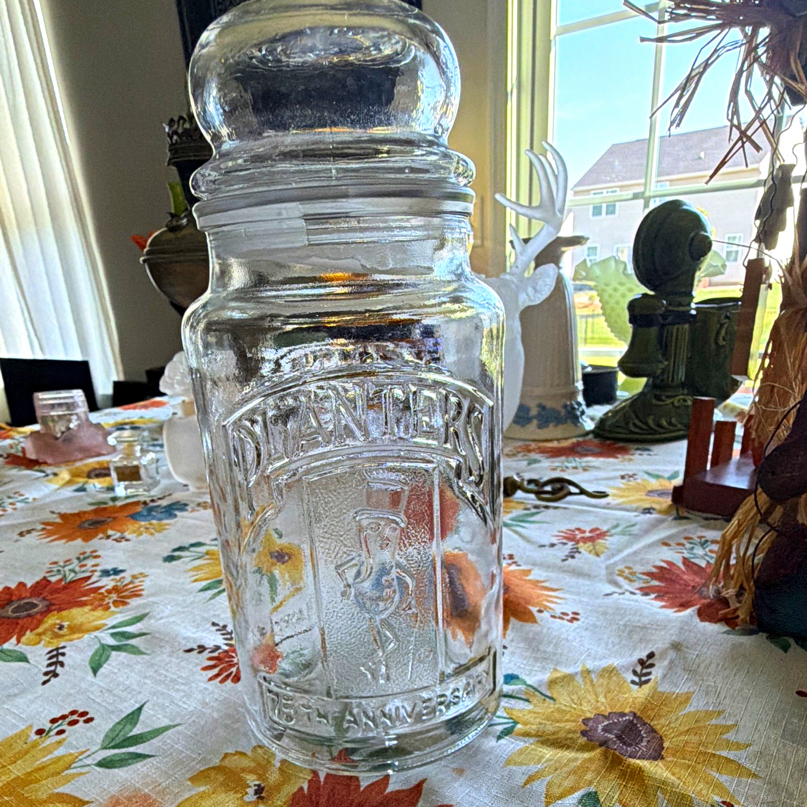 Planters Nuts Mr. Peanut 75th Anniversary Clear Glass Embossed Display Jar Planters Nuts Mr. Peanut 75th Anniversary Clear Glass Embossed Display Jar