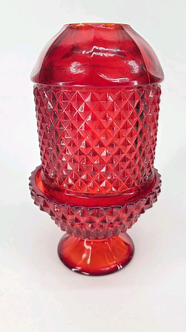 Vintage Viking Glass Ruby Red Amberina Diamond Point Fairy Lamp - Cadmium Glow