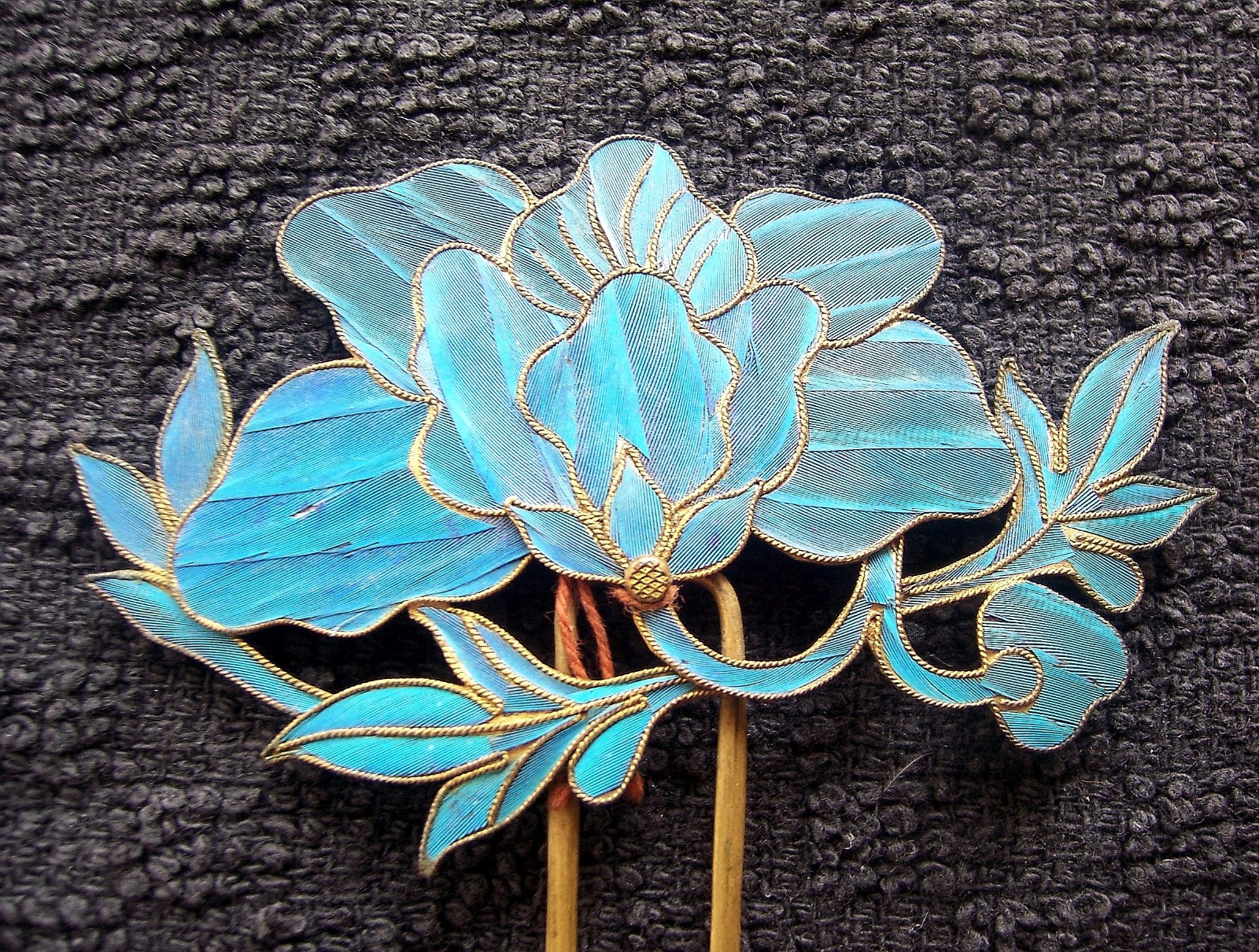 Chinese kingfisher feather hair pin tfloral and leaf design NO US IMPORT FEES