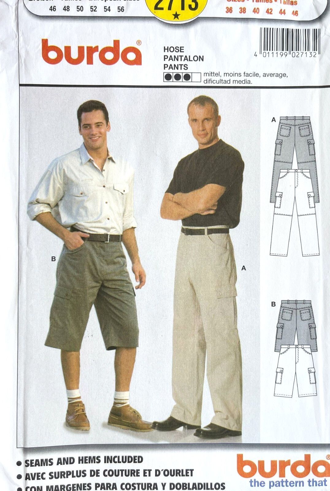 1990's Burda Men's Pants,Shorts Pattern 2713 Size 36-46 UNCUT