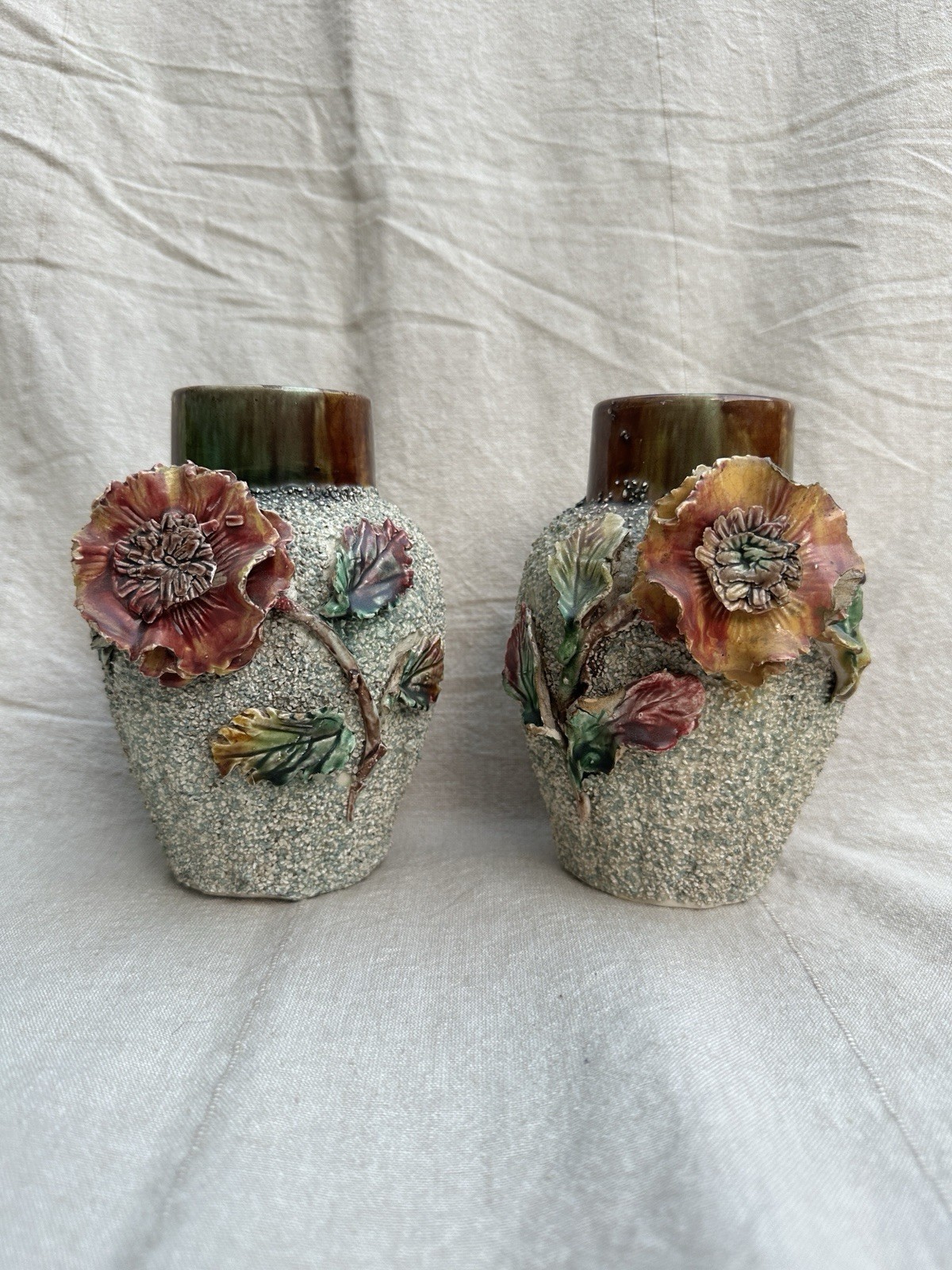 Gorgeous Pair Of Antique French Victorian Sand Majolica Vases Barbotine
