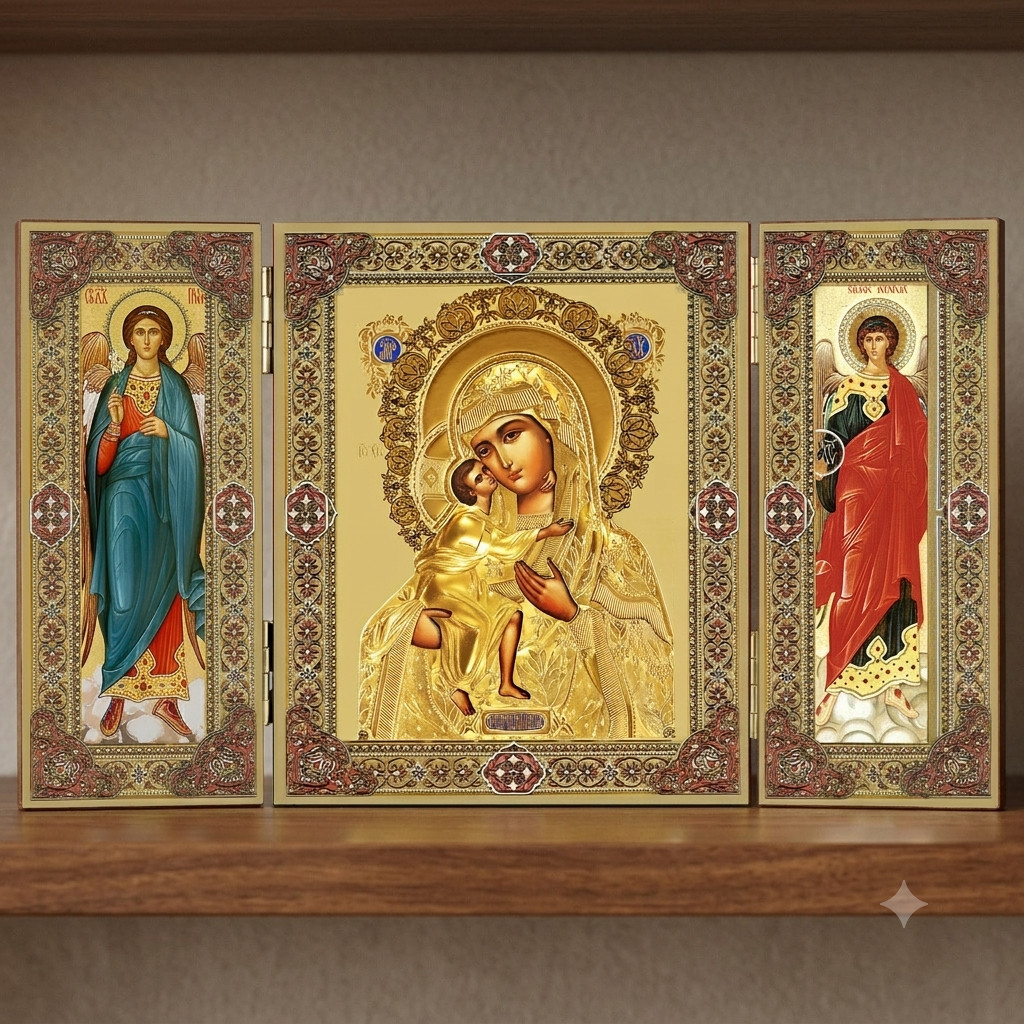 Virgin Mary, Jesus Christ, Archangel Michael and Gabriel Wooden Icon Triptych