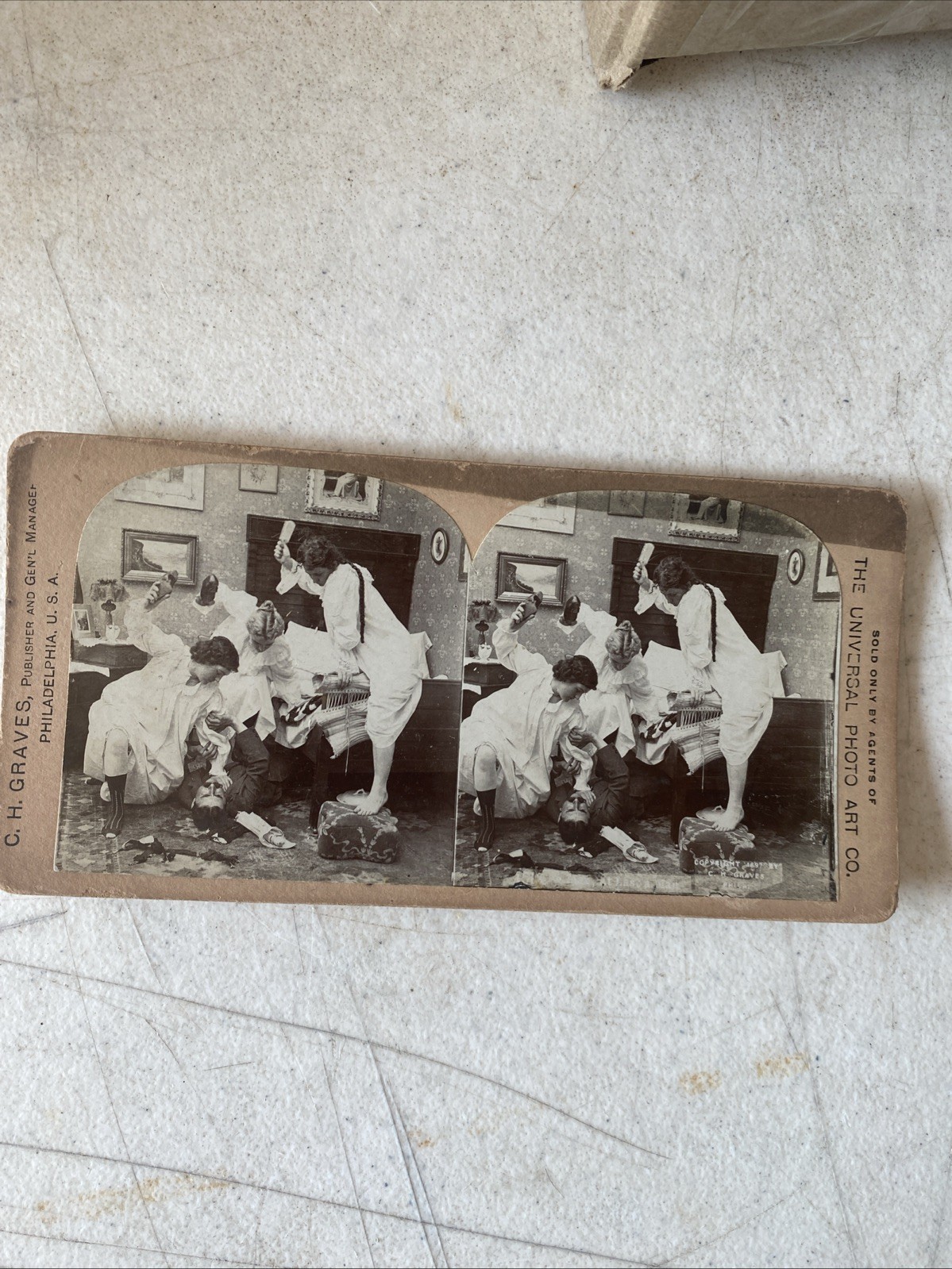 Antique Stereoview C.H. Graves Women Fight Man Scene Universal Photo Art Co.