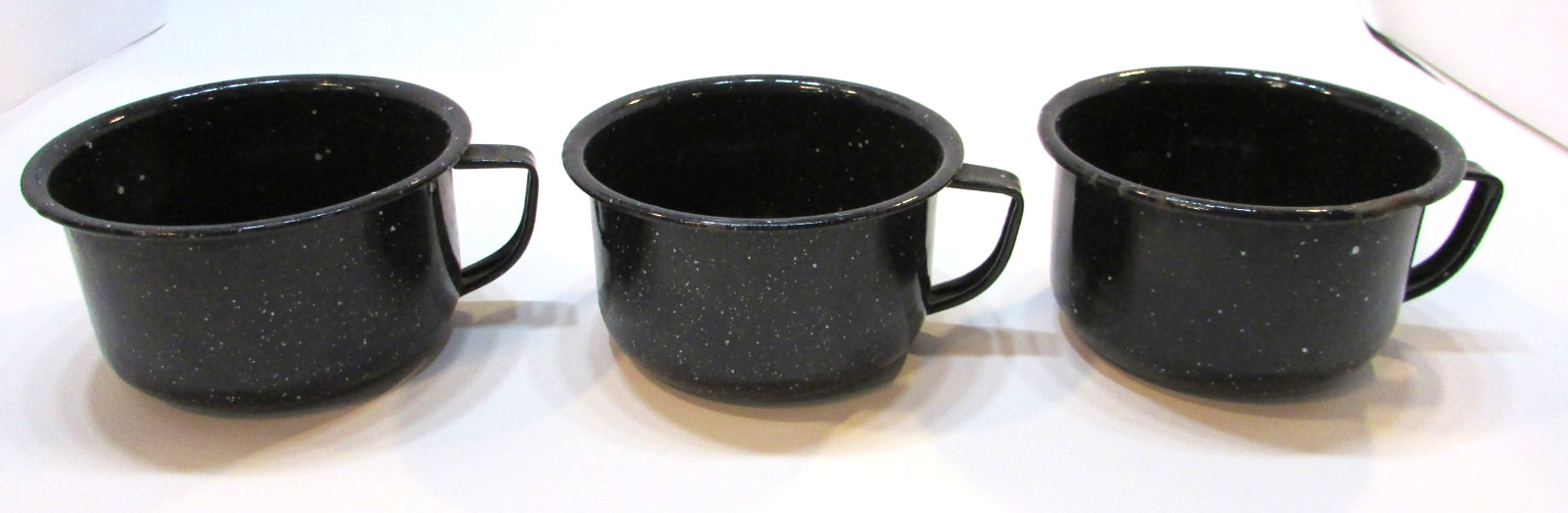 Three Old 1930\'s Black White Specks Antique Enamelware Cowboy Coffee Cups Mugs