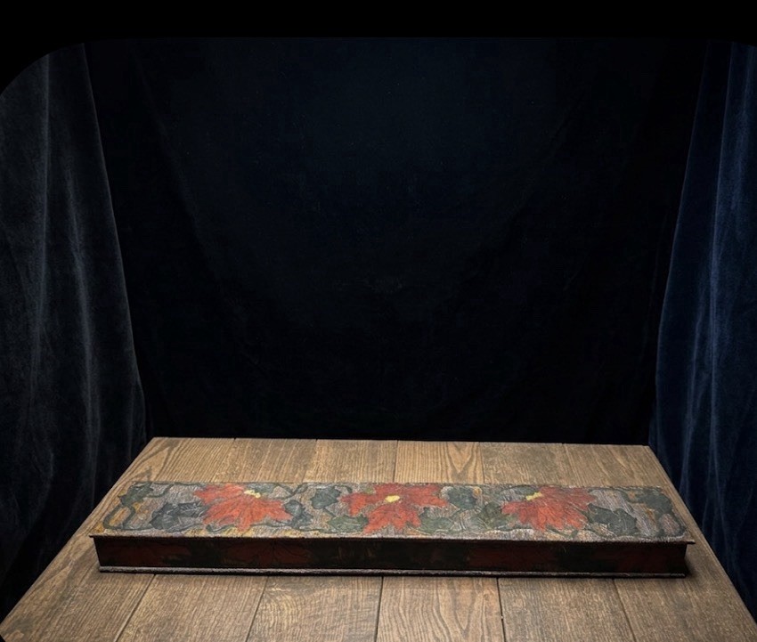 Vintage Hand Painted Poinsettia Wooden Box 3 Section Long Storage Tray