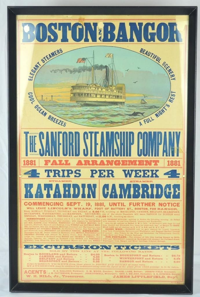 RARE FRAMED 1881 BOSTON & BANGOR SANFORD STEAMSHIP CO. BROADSIDE POSTER - 23