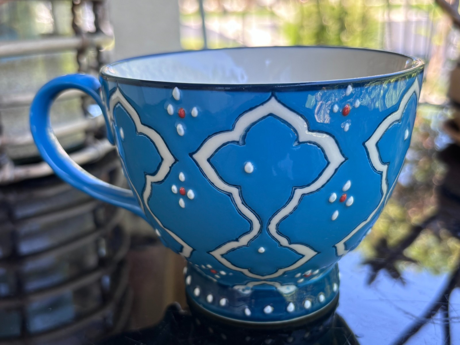 Dutch Wax Coastline Imports Blue White Pedestal Mug Footed Ceramic Boho Cup