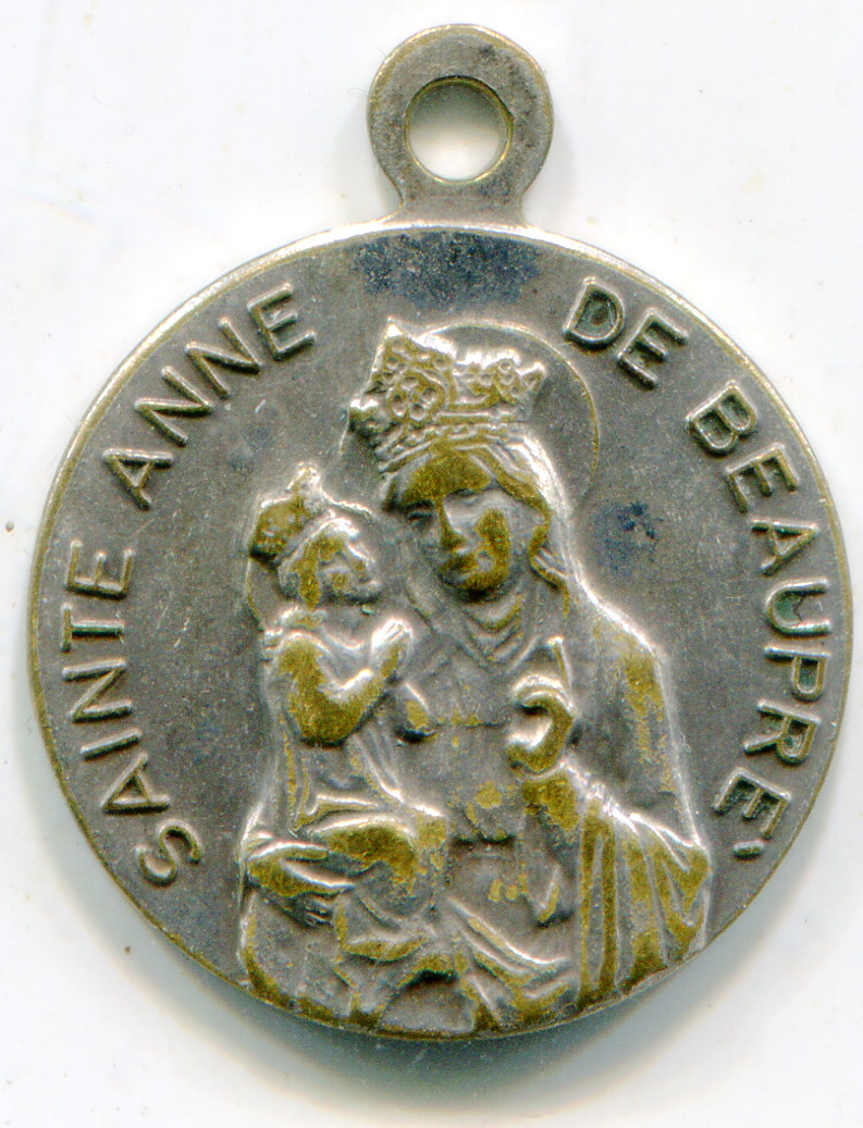 Vintage Saint Anne De Beaupre Oval Gold Tone Pendant Charm Medal Medallion