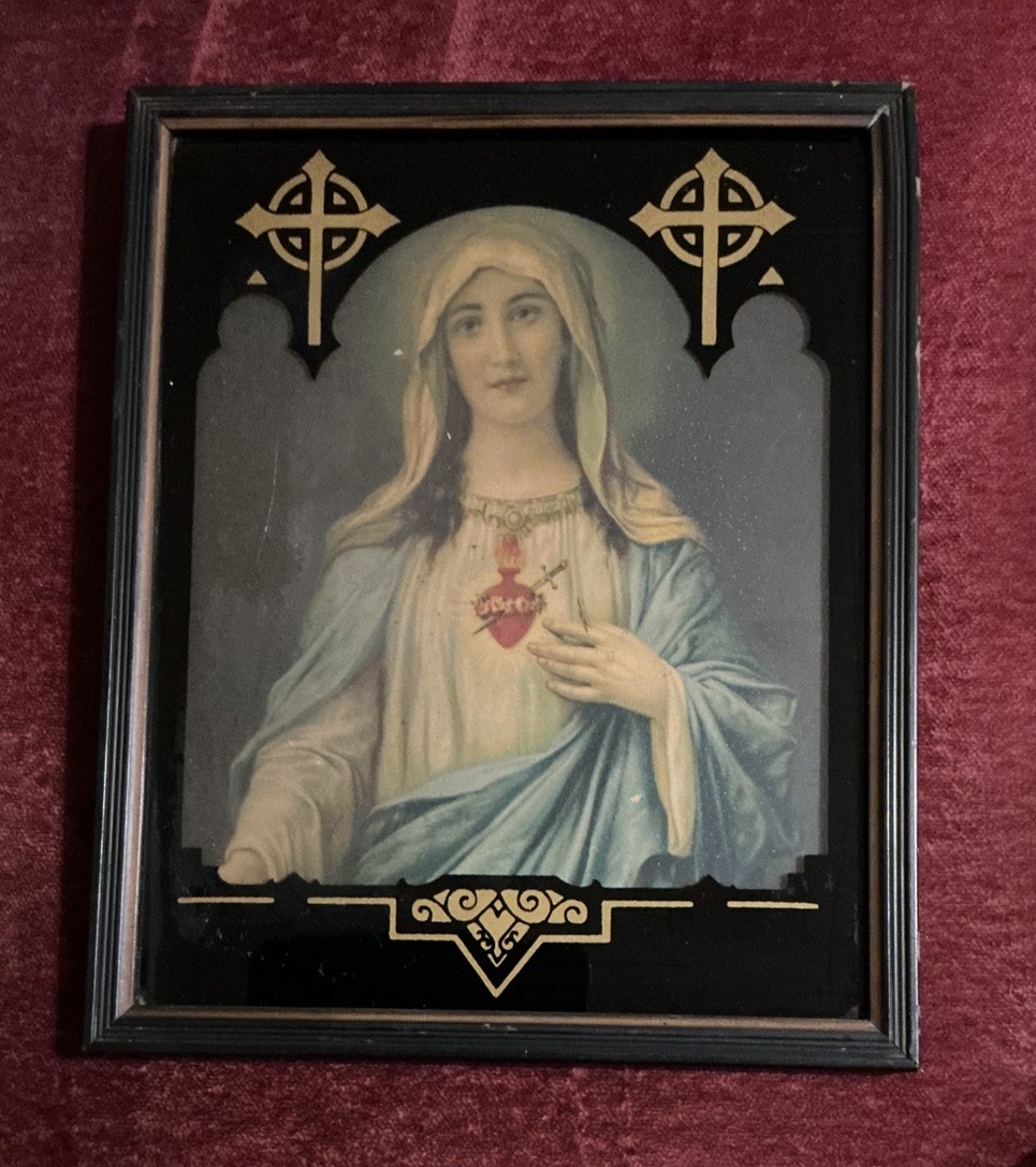 Art Deco Reverse Painted Picture Frame Glass Immaculate Heart Of Mary 1920s 30s