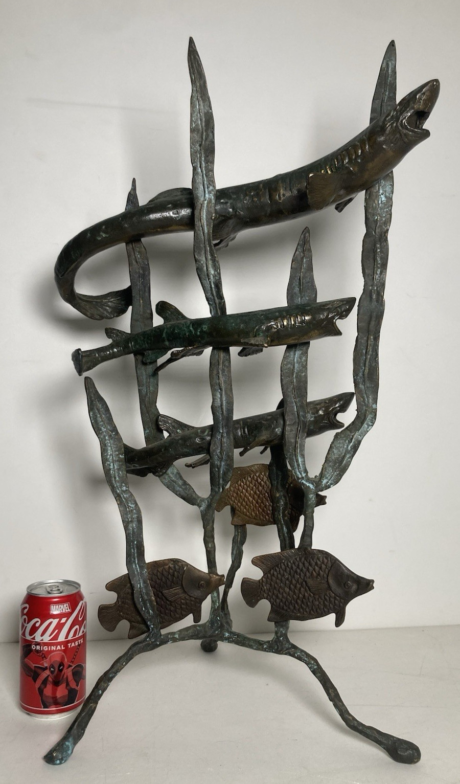 Vintage Original Bronze Sculpture Old Brutalist Seascape Sharks Fish Sea Weed