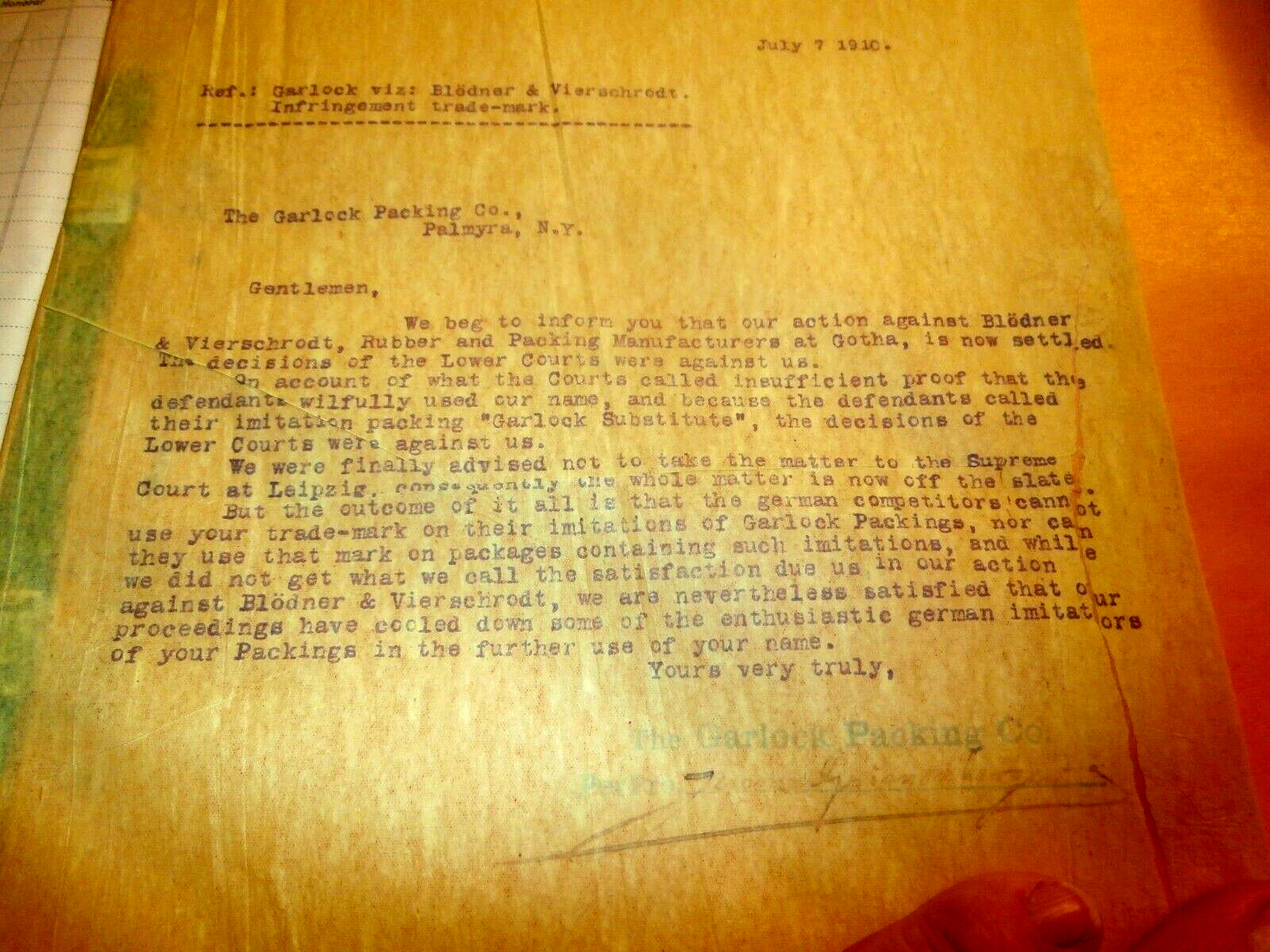 1903-1910 GARLOCK PACKING CO.- PALMYRA NEW YORK- PATENT INFRINGEMENT CORRESPONDE
