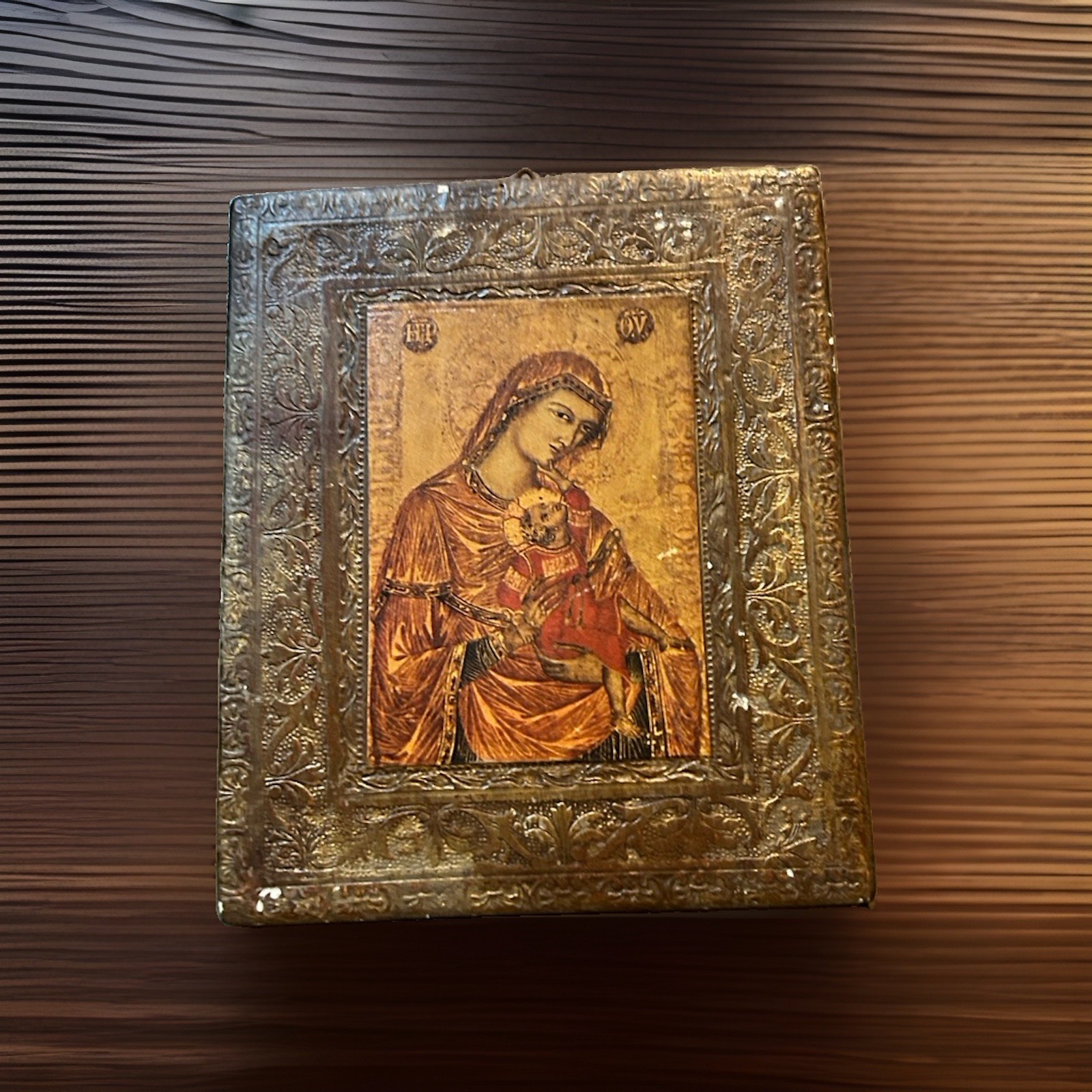 Vintage Italian Duccio Madonna Icon Plaque Wood Framed Foto Anderson Rome Art⁠