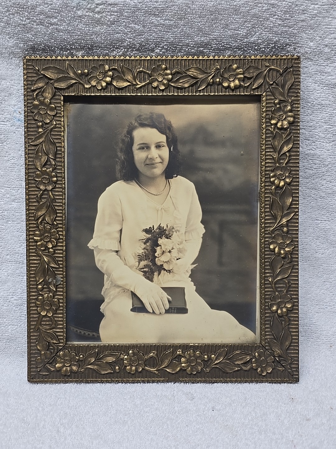 Antique Victorian Floral Pattern Metal Picture Frame Woman With Bible & Bouquet