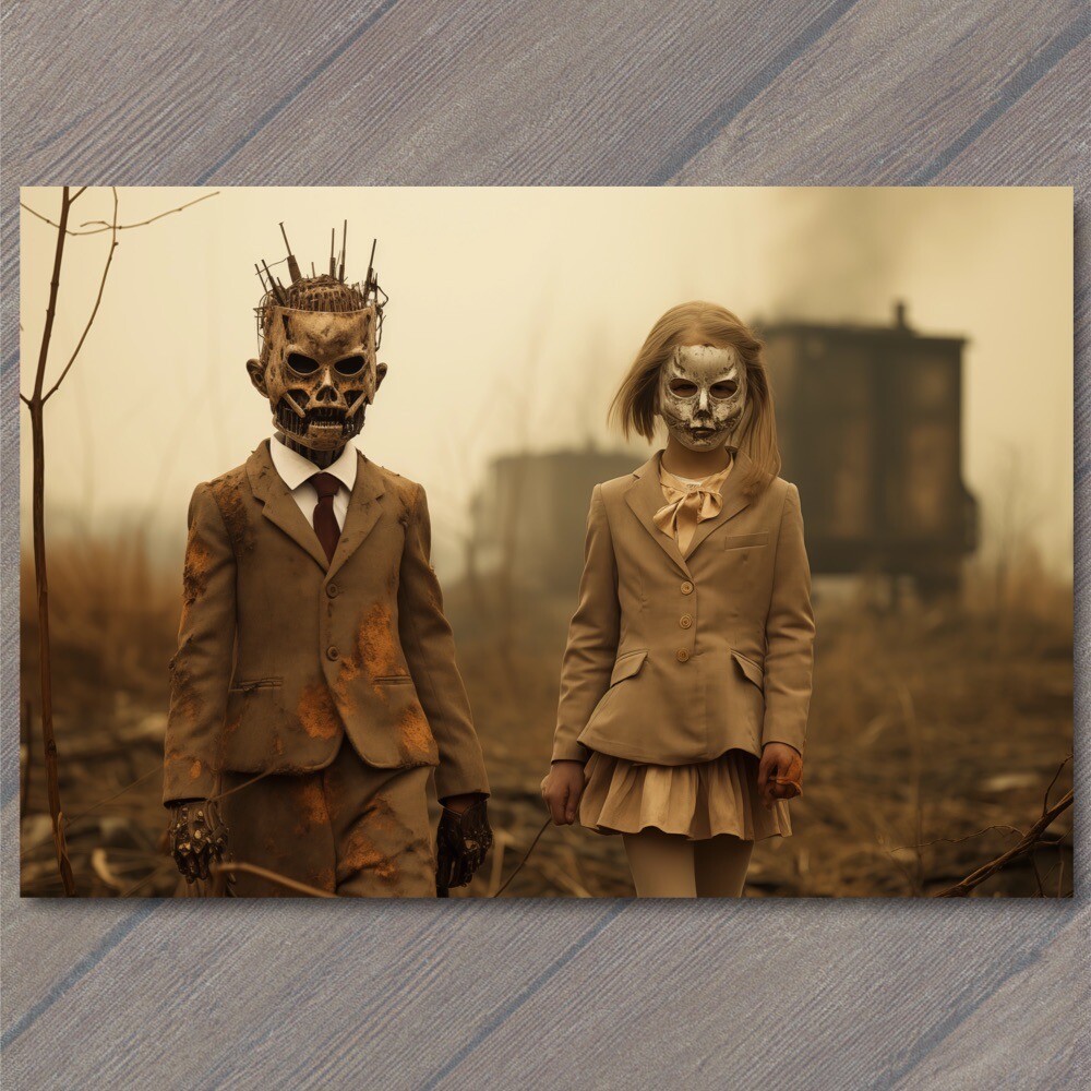 POSTCARD Bad Kids Weird Vibe Field Metal Masks Strange Apocalypse Unusual Creepy
