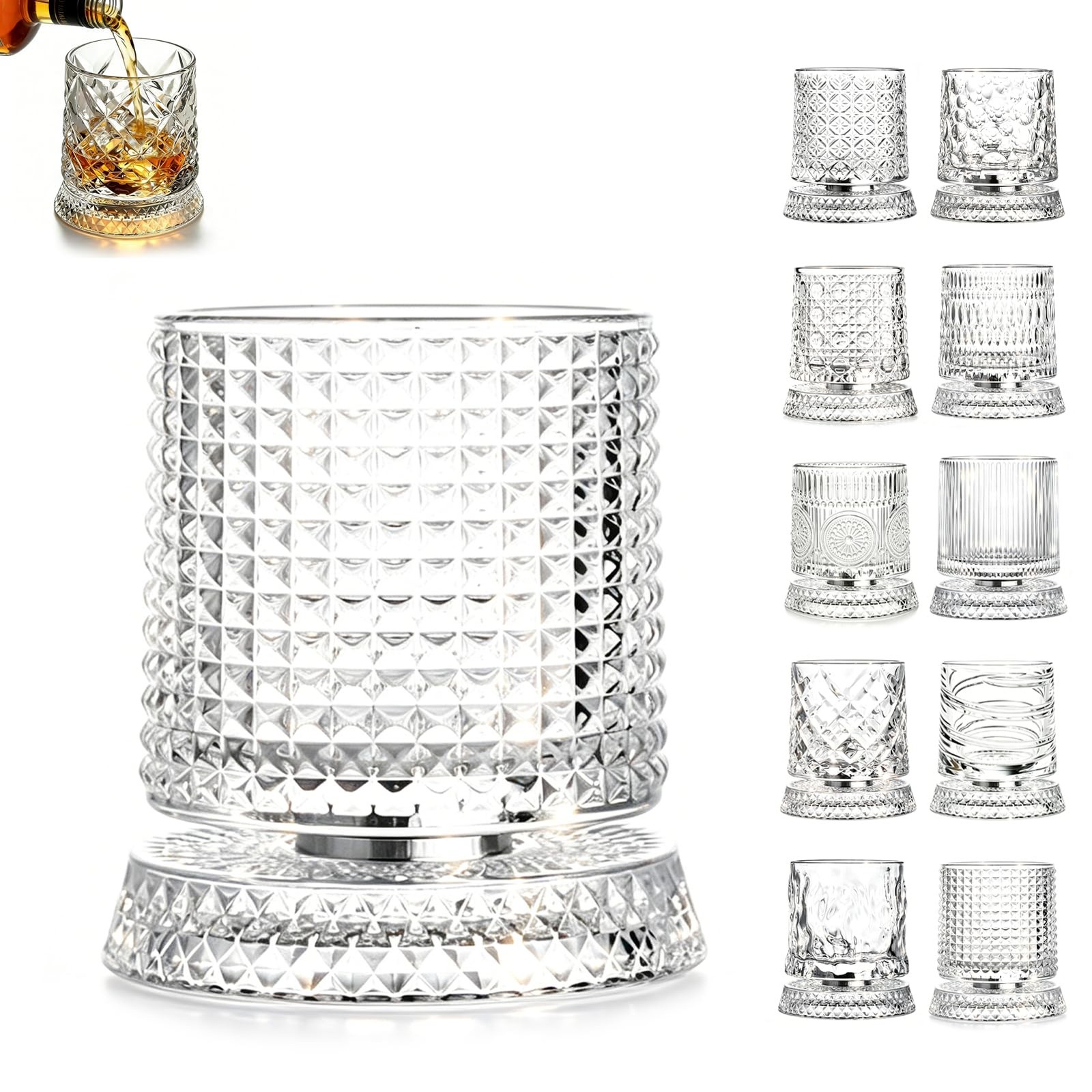 Rotating Whiskey Glass, 360°Spinning Crystal Bourbon Small, Transparent