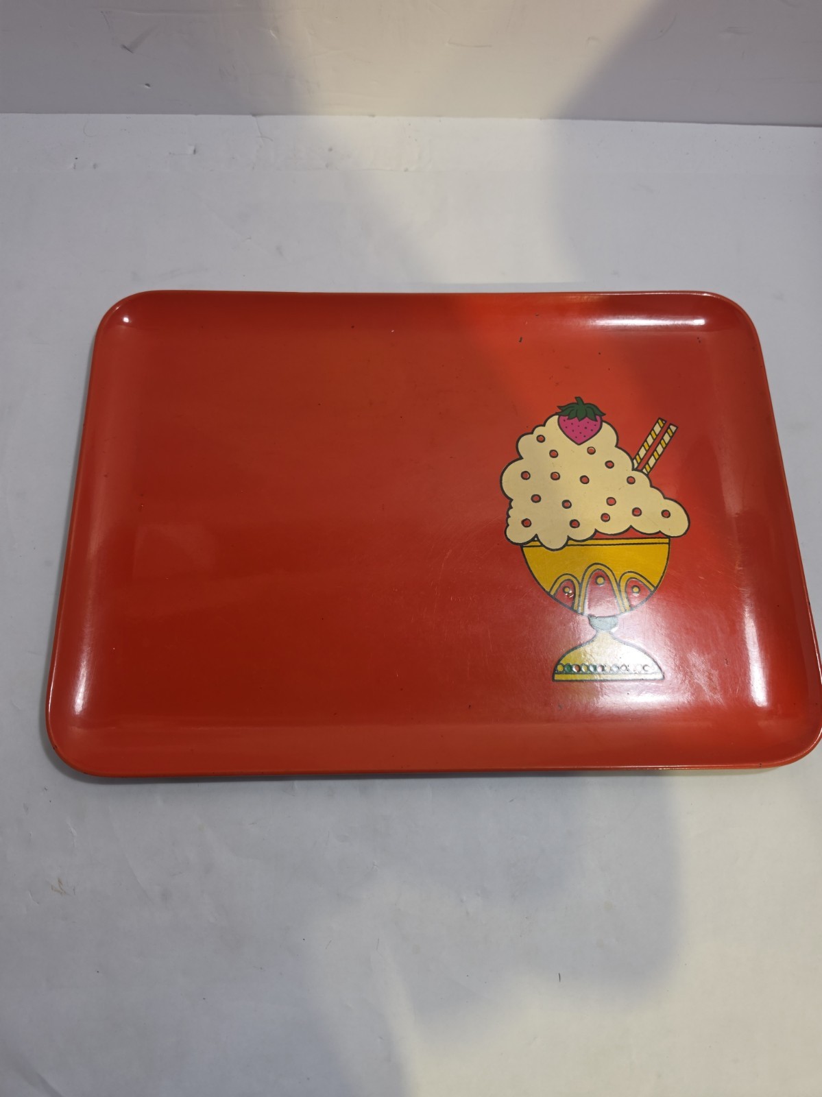 Vintage MCM Ice Cream Serving Tray Orange Glossy Strawberry Sundae Art
