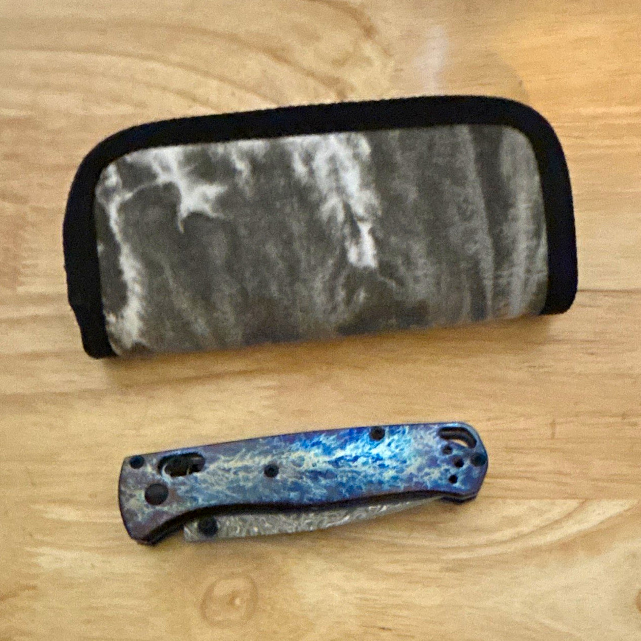 DMG designs nebula-Damascus flame titanium scales w/ pouch cross bar lock