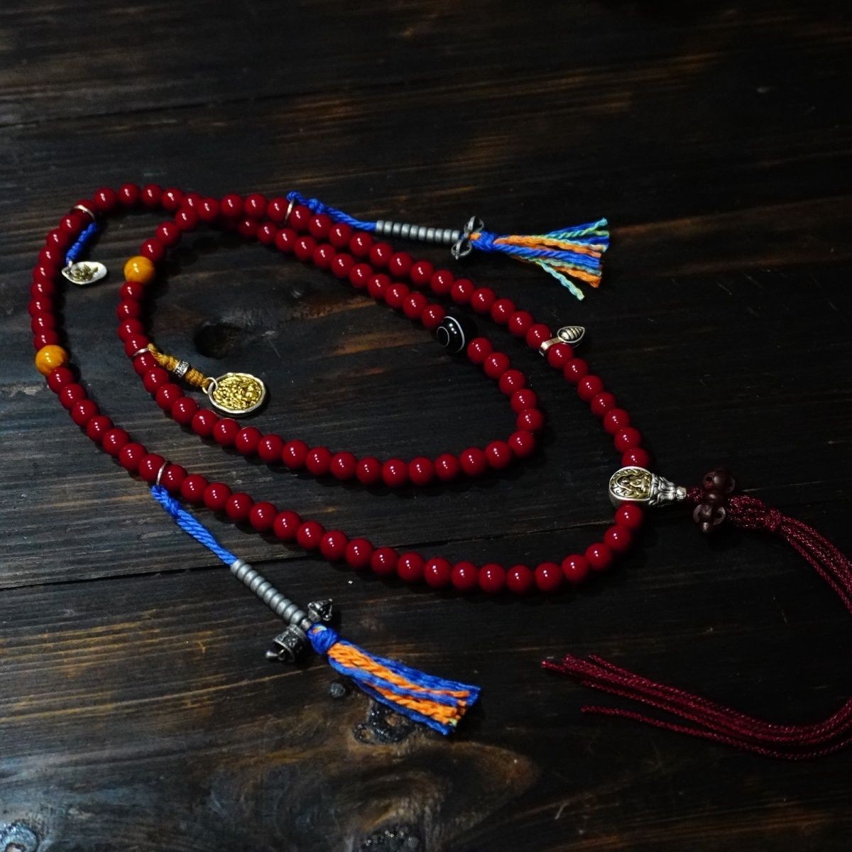 Red Glass 108 Bead Mala 8mm Mahakala Pendant Tibetan Prayer Necklace