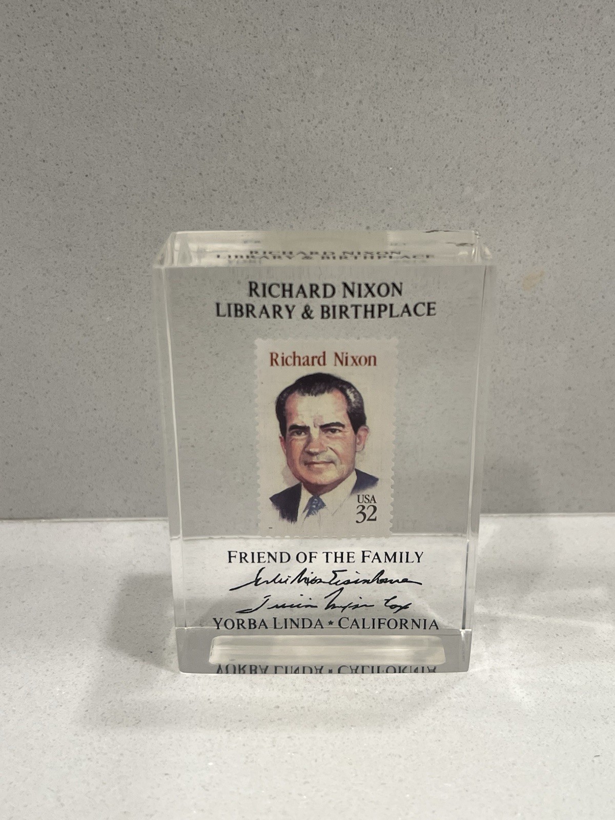 Richard Nixon Library Lucite Paperweight Stamp Yorba Linda CA Collectible⁠