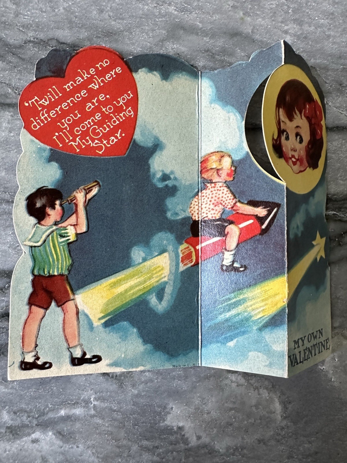 Rare Vintage Valentine 1940s Boy Girl Telescope Rocket Moon Space Star Cloud