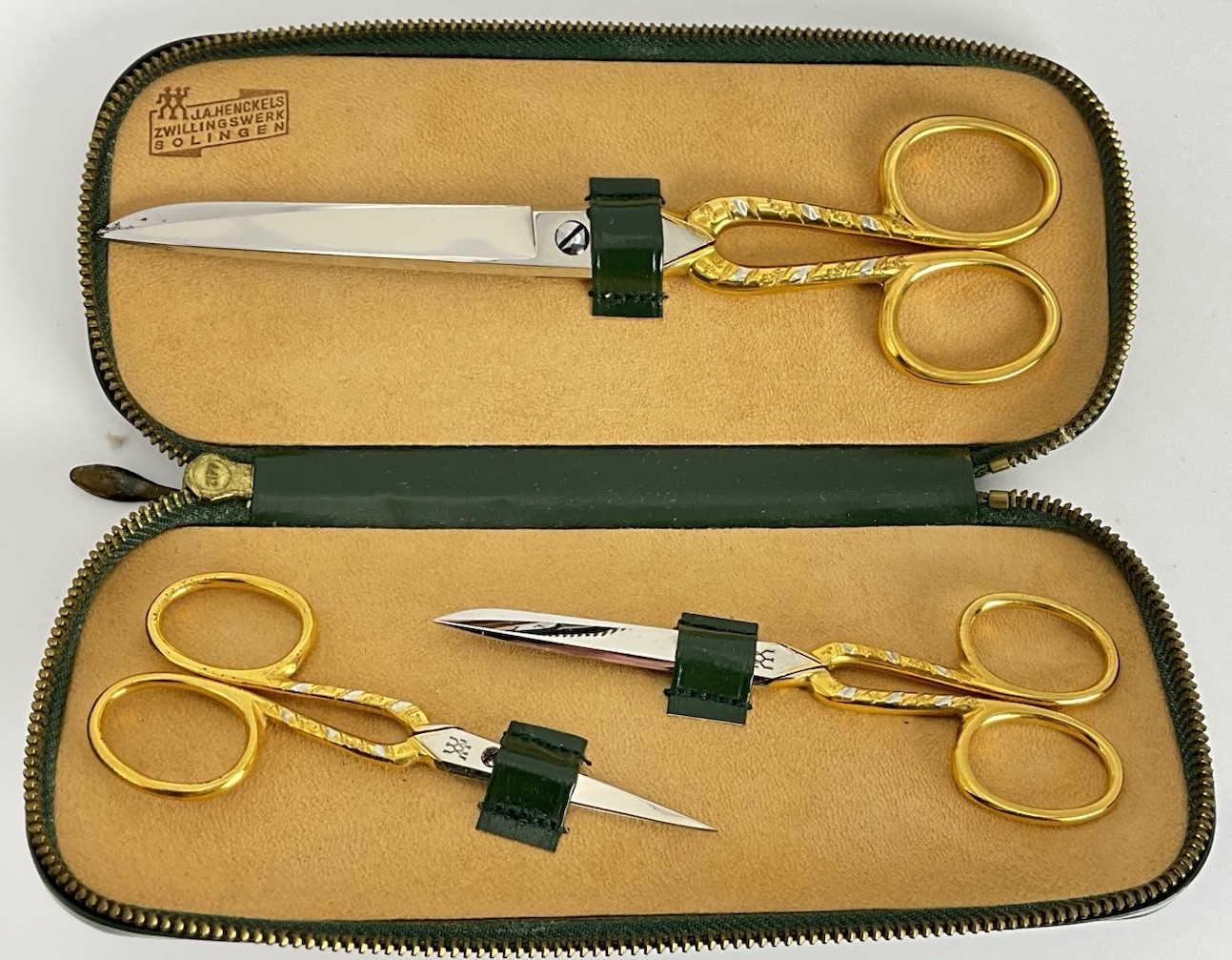 VTG J.A. Henckels Matching Gold Gilt Handled Scissors Case Solingen Germany RARE