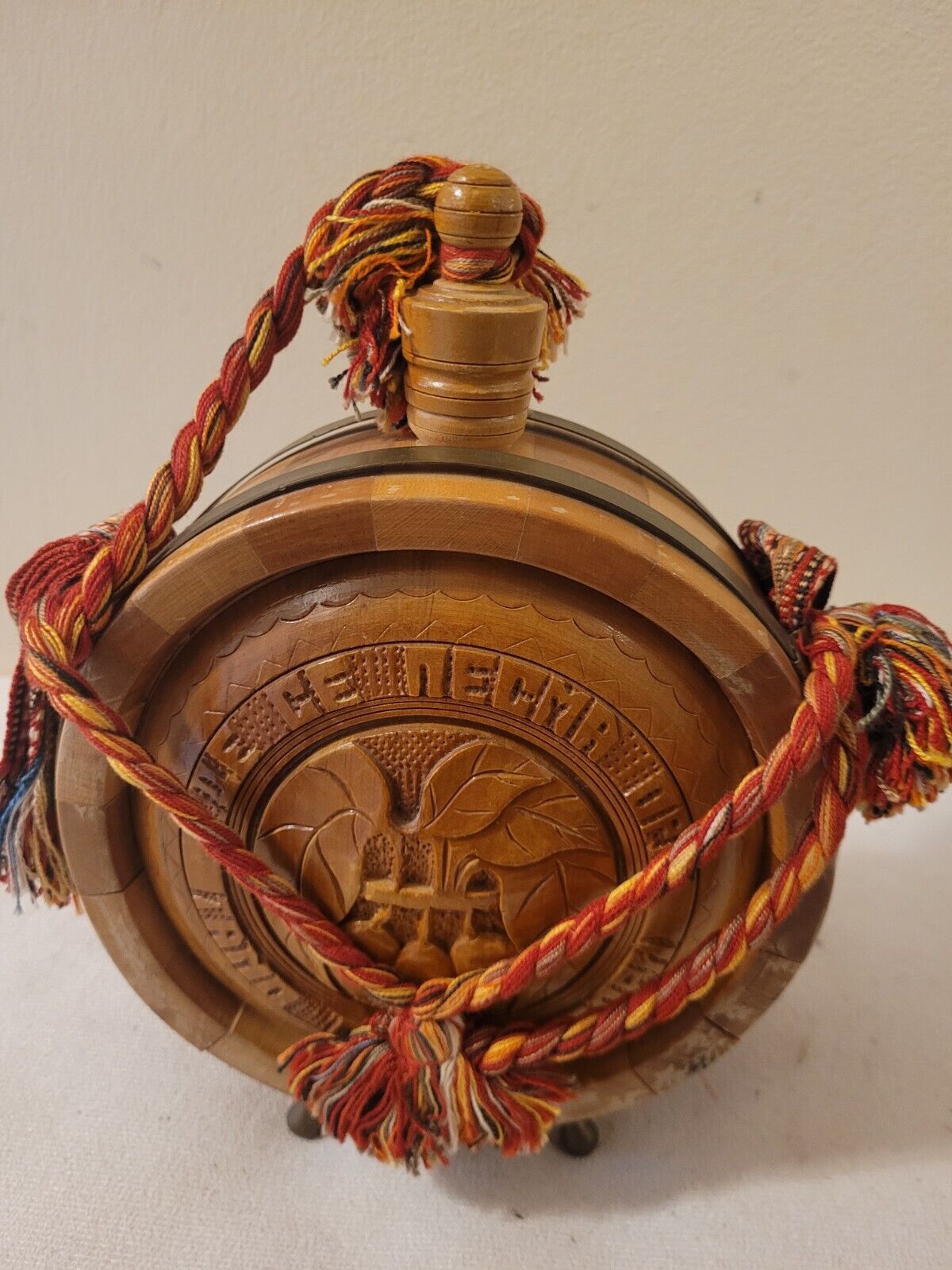 Vintage Wooden Flask Drinking Vessel Antique Hand Carved Wooden Flask  w/Strap