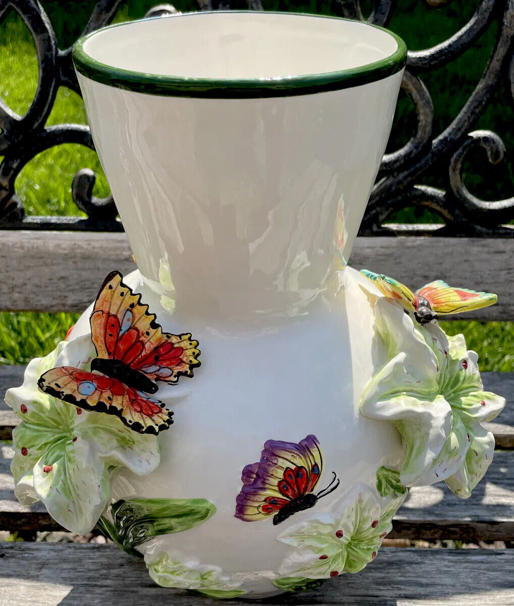 Vintage Rare KMC 3D Hand Paint Butterfly & Lilies Ceramic 12” Vase 1970’s HEAVY