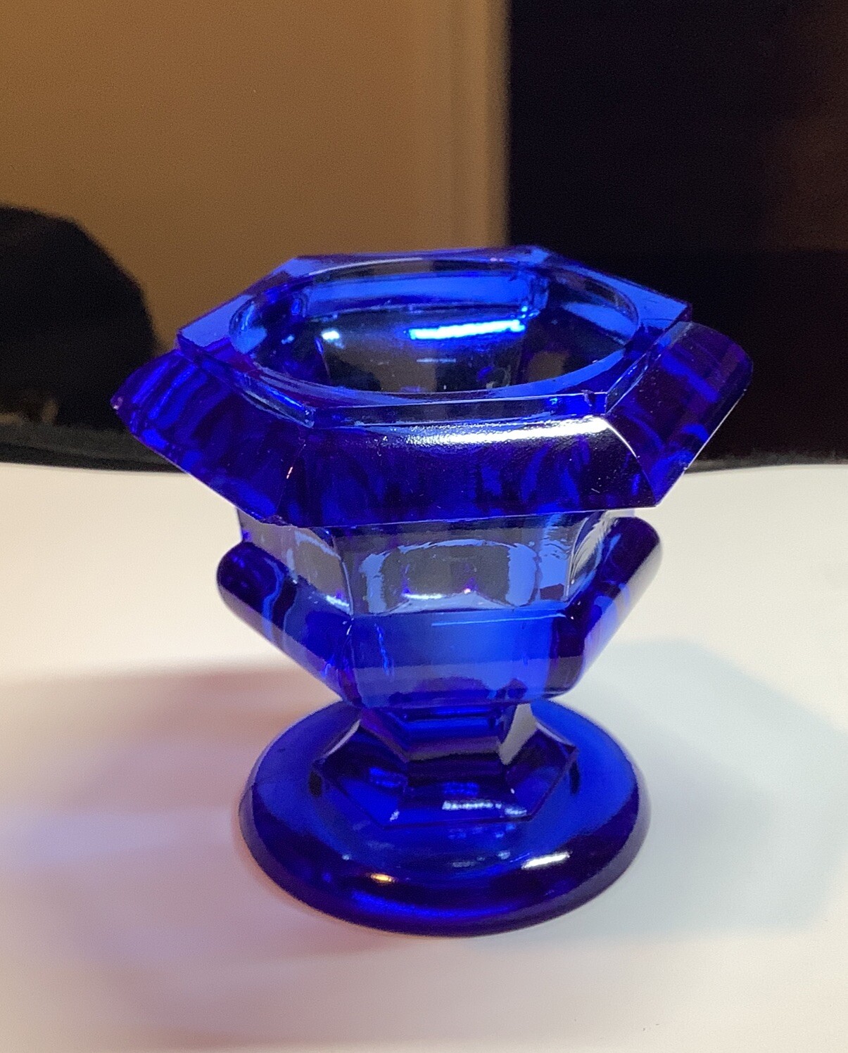 ￼Antique Sapphire Blue Pedestal Flint Glass Open Salt Cellar 1860